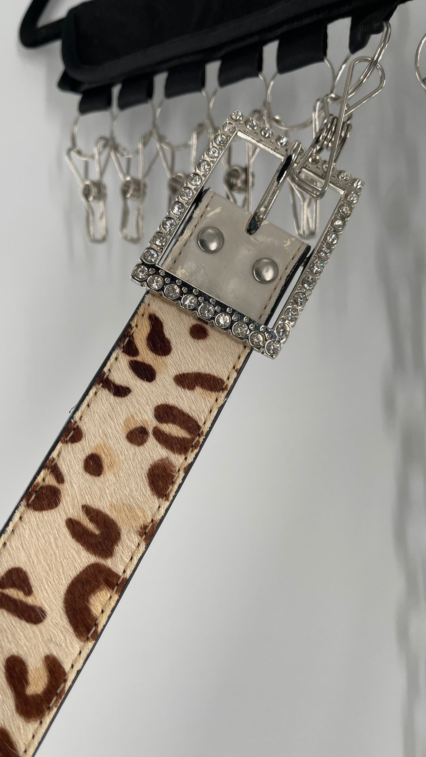 Vintage Pony Fur Animal Print Patchwork Belt with Rhinestone Buckle and Embellishments (Medium)