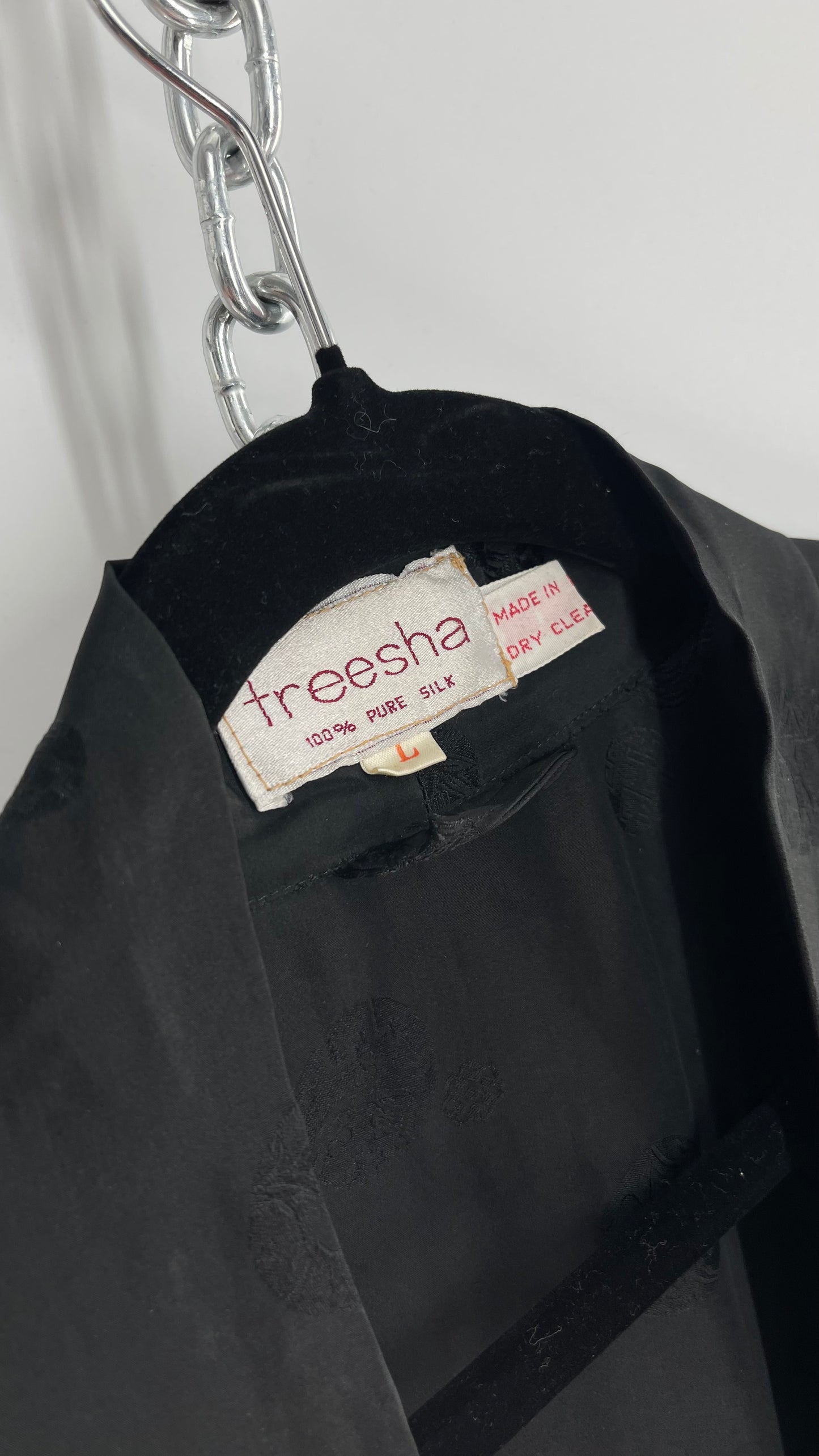 Vintage TREESHA 100% Pure Silk Black Long Embossed Robe (Large)