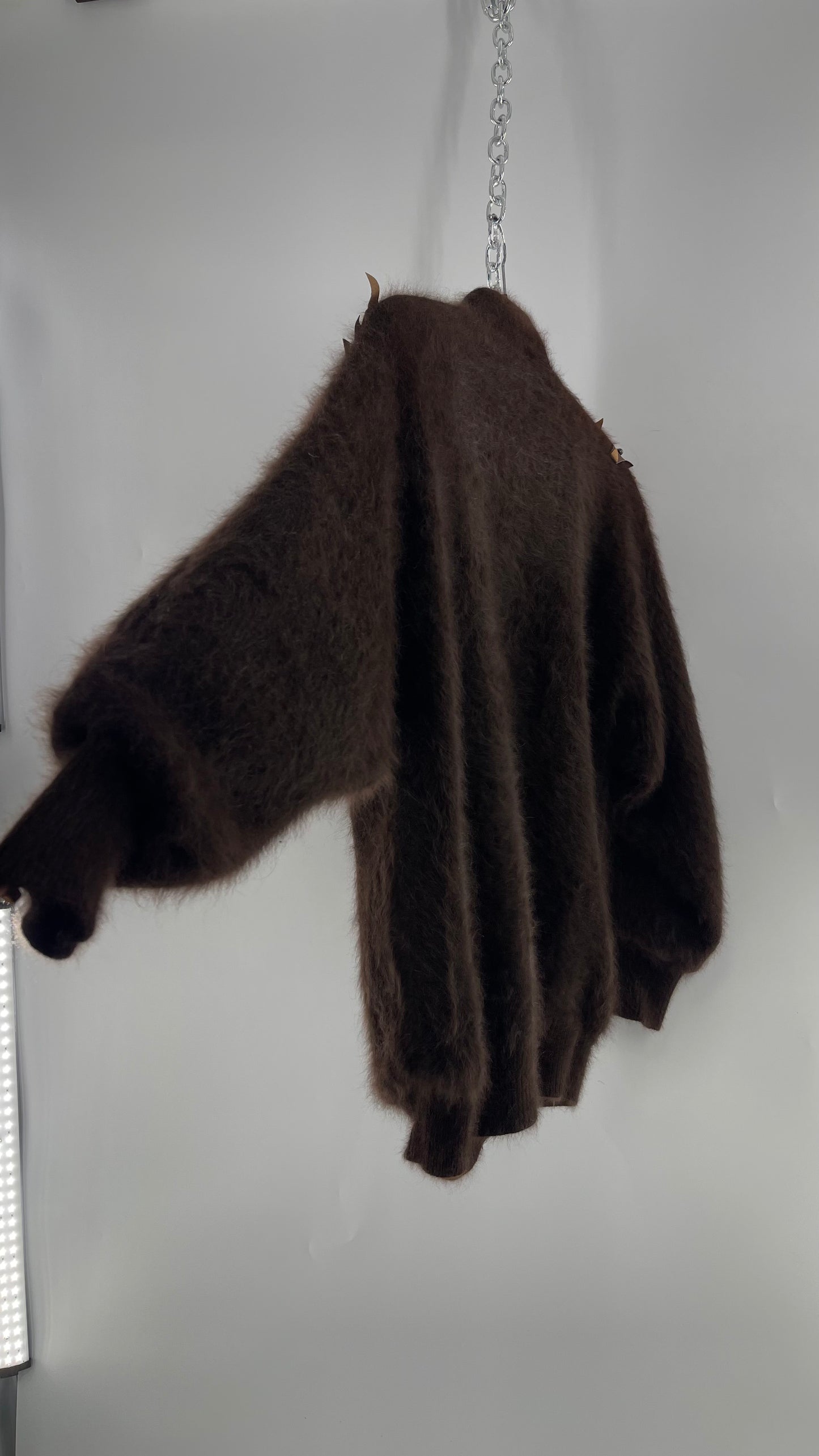 Liho Korean Vintage Brown Cardigan with Leather, Fur and Beaded Detailing 15% Wool 75% Angora  (C)(Medium)