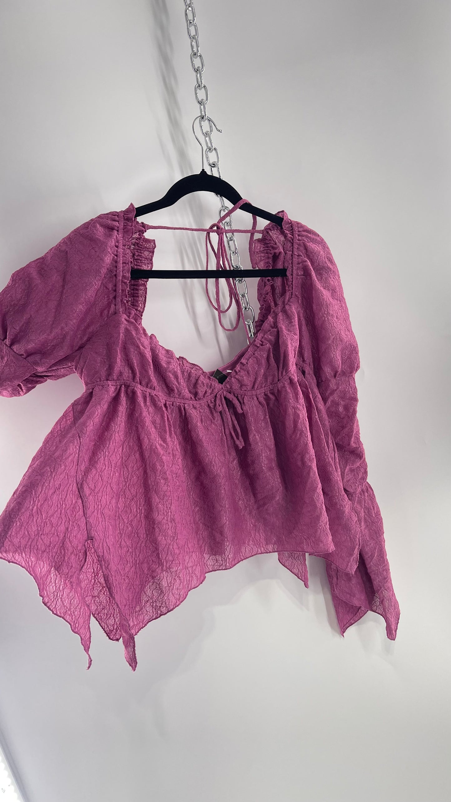 Urban Outfitters Purple Lace Blouse with Handkerchief Slit Hem, Princess Fairy Sleeves, Ruffle Trim Bust and Low Back (Large)