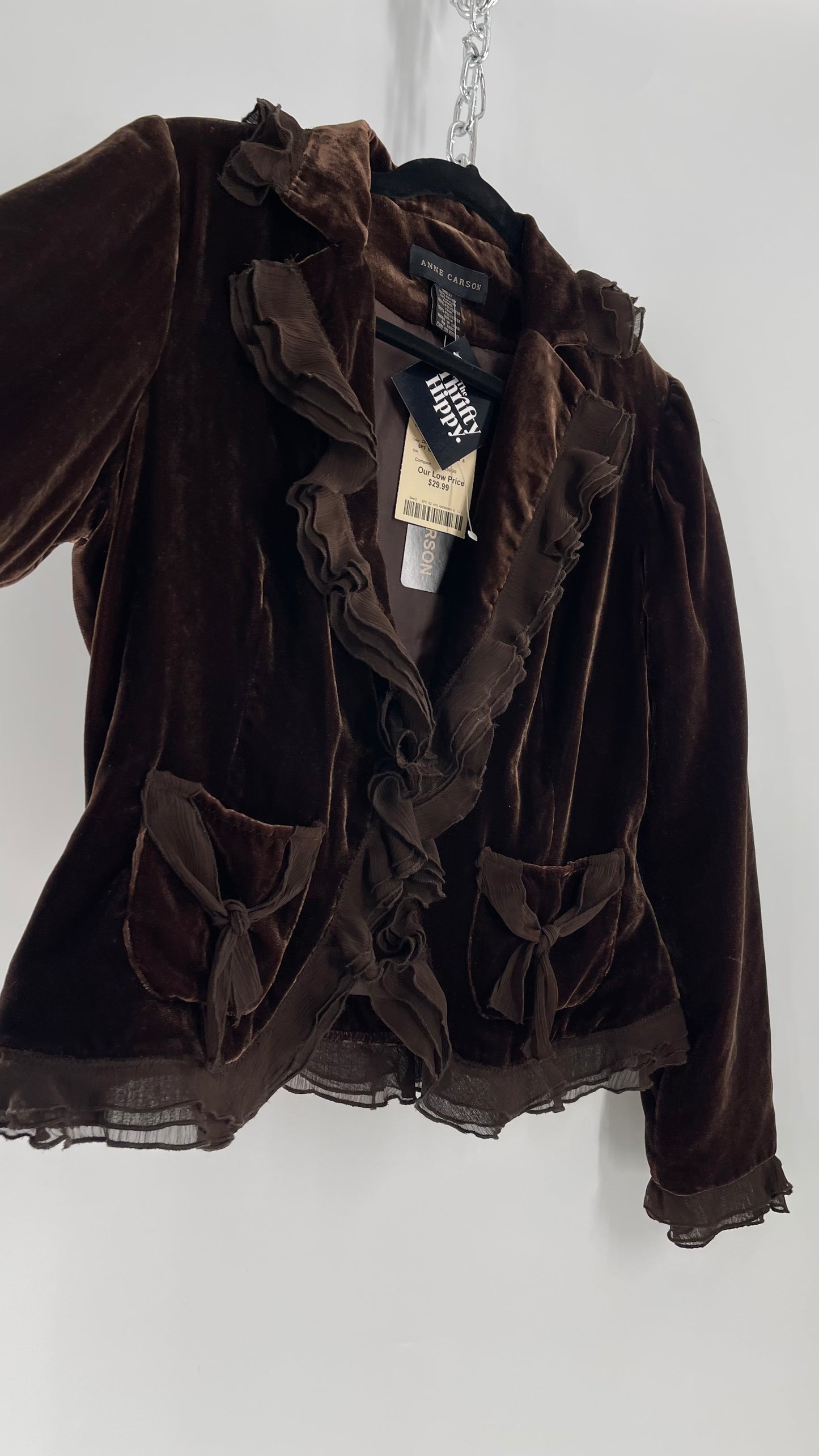 Deadstock Vintage Brown Velvet Anne Carson Blazer with Delicate Crepe Ruffled Hem and Bow Pockets (Medium)