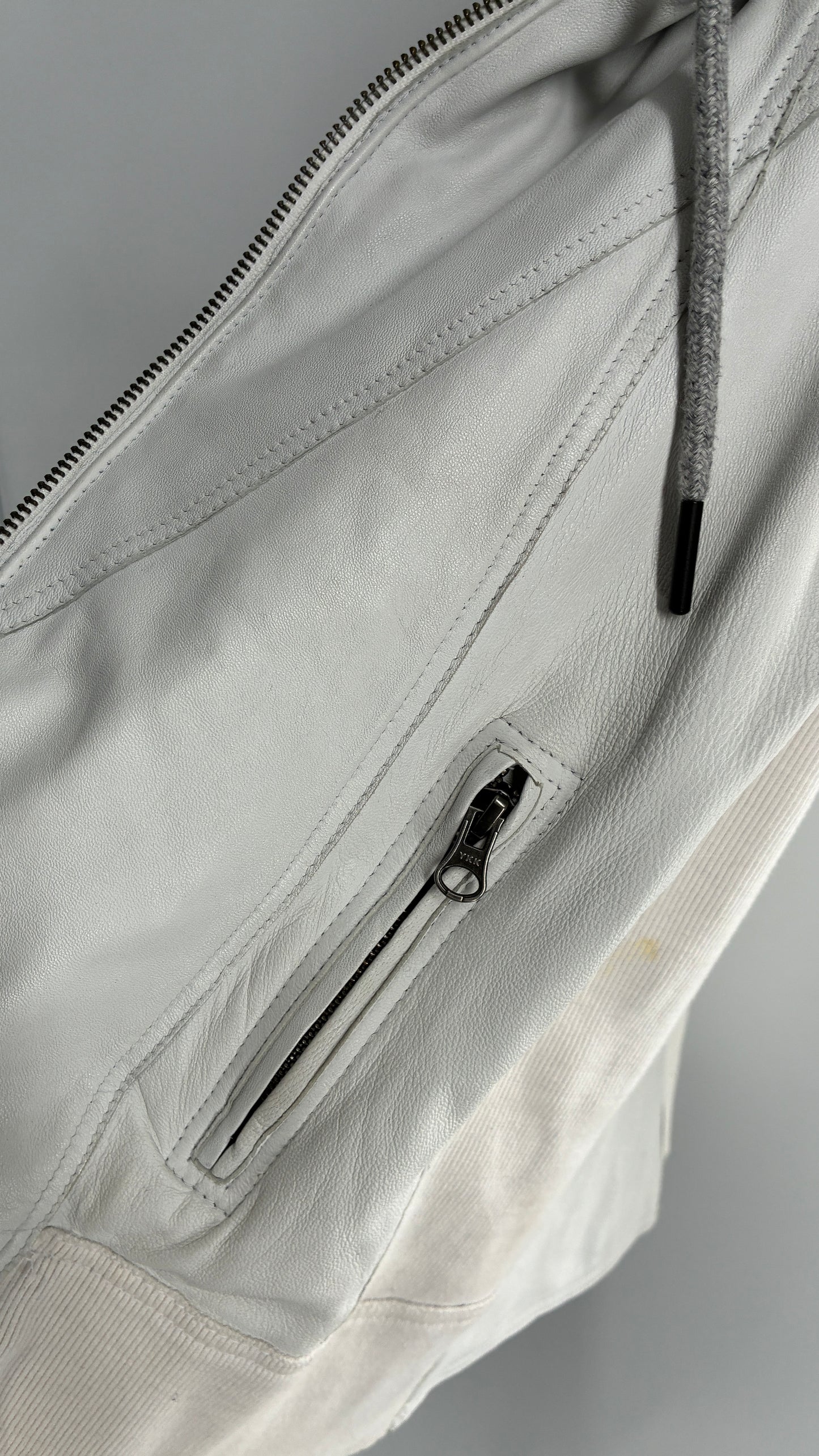 Jakett White Molly Burnished White Genuine Leather Double Layer Moto Jacket with Removable Grey Hoodie Insert (XS)