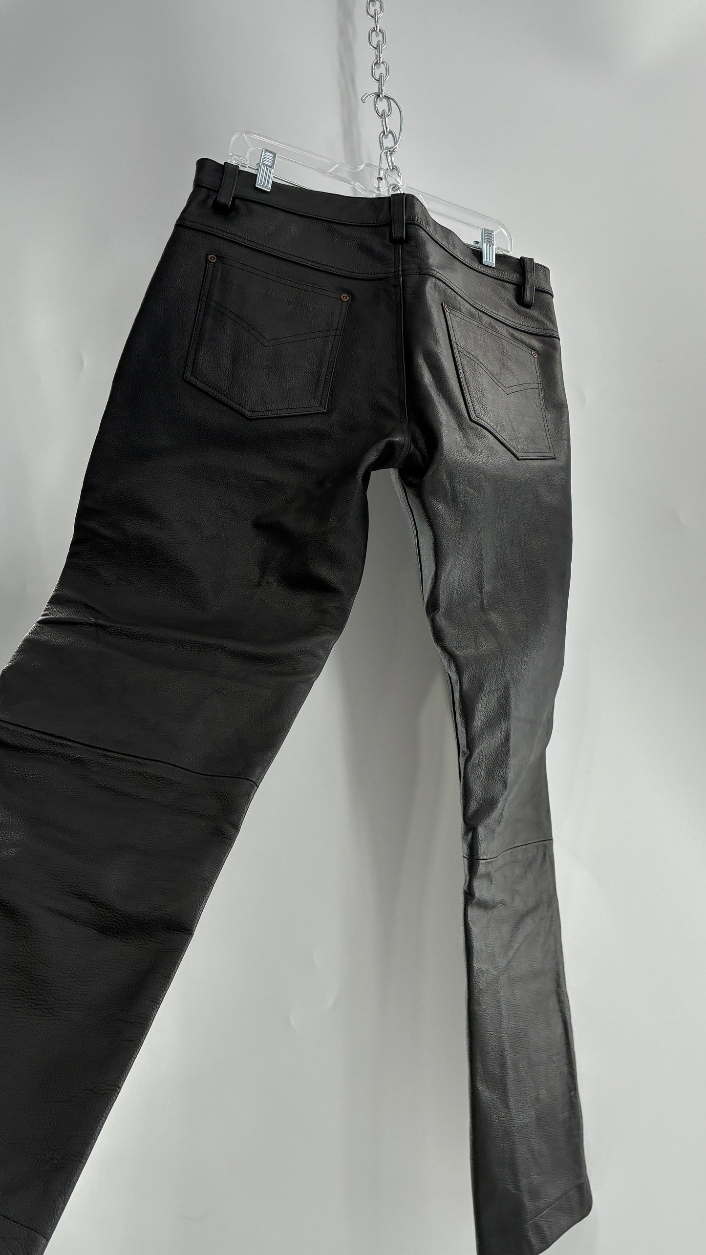Vintage Button Front, French, Black, Thick Genuine Leather Pants (36)