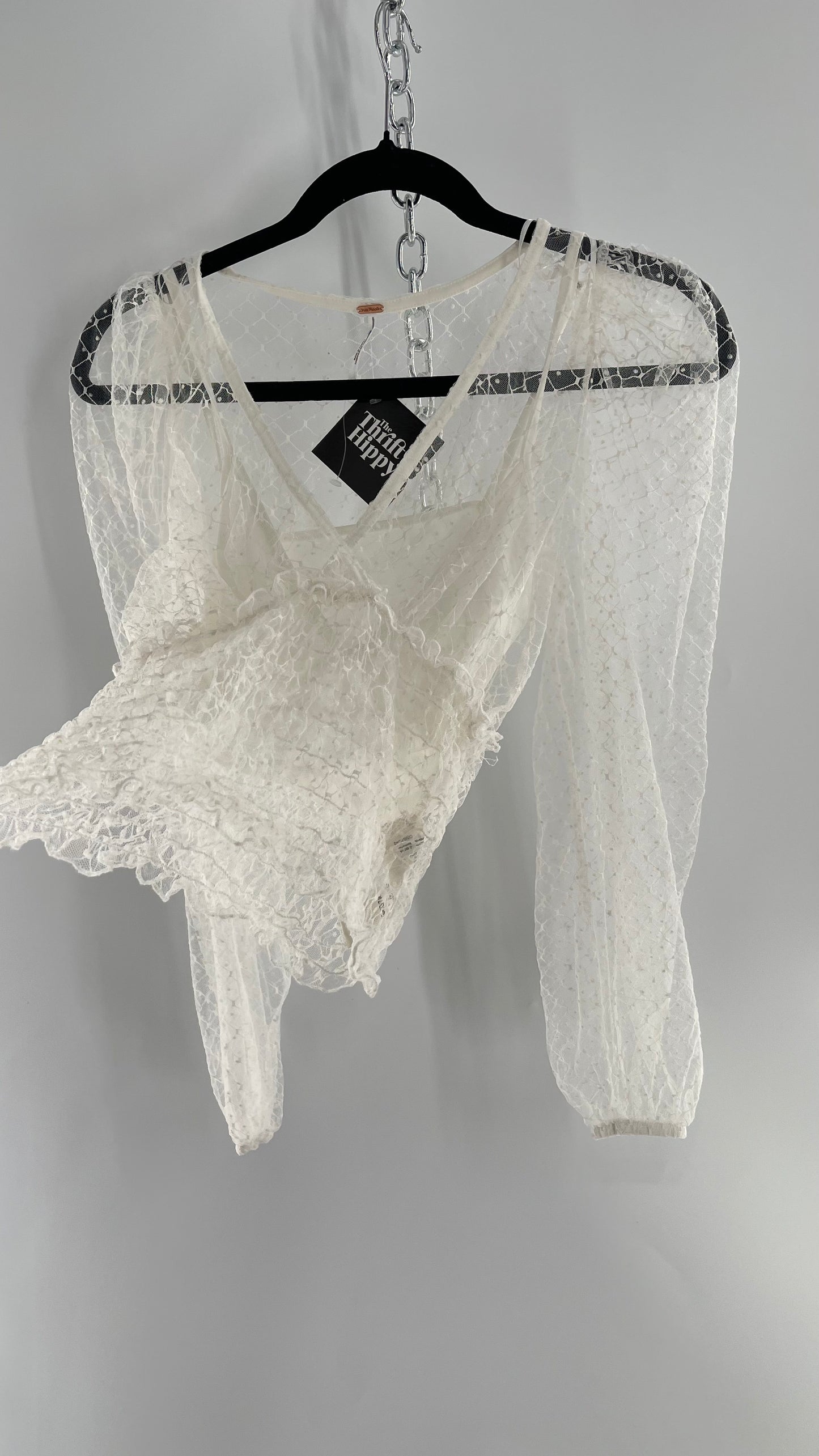 Free People White Embroidered Mesh Blouse with Keyhole Back and Balloon Sleeves (XS)