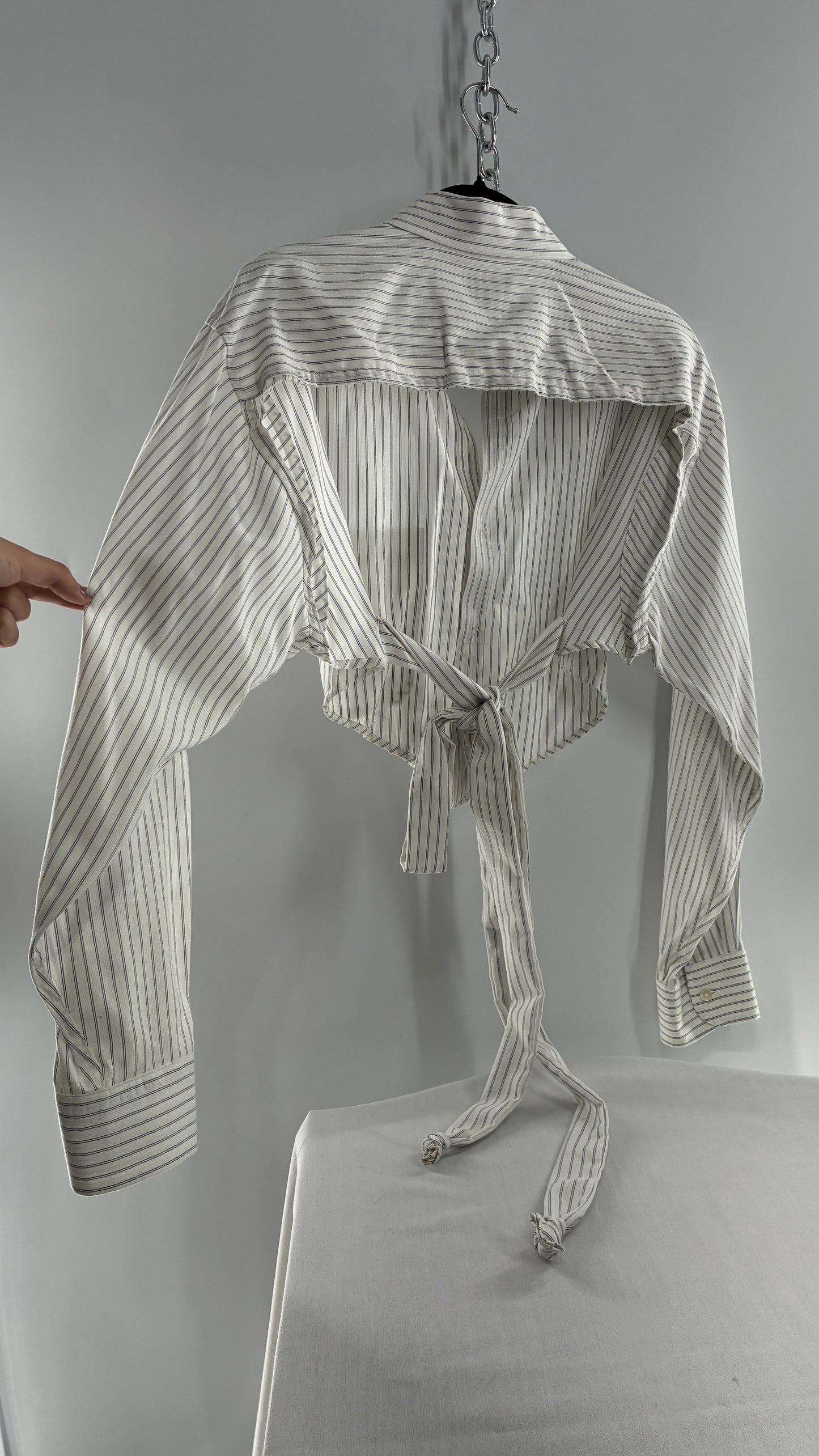 Vintage CALVIN KLEIN Reworked Button Front Backless White Striped Blouse (One Size)