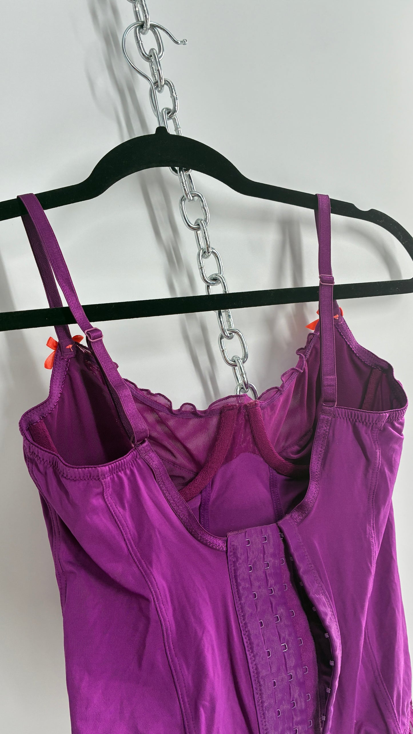 Vintage 1990s Purple Underwire Camisole Top with Sheer Ruffled Trim and Contrast Bow (Small)