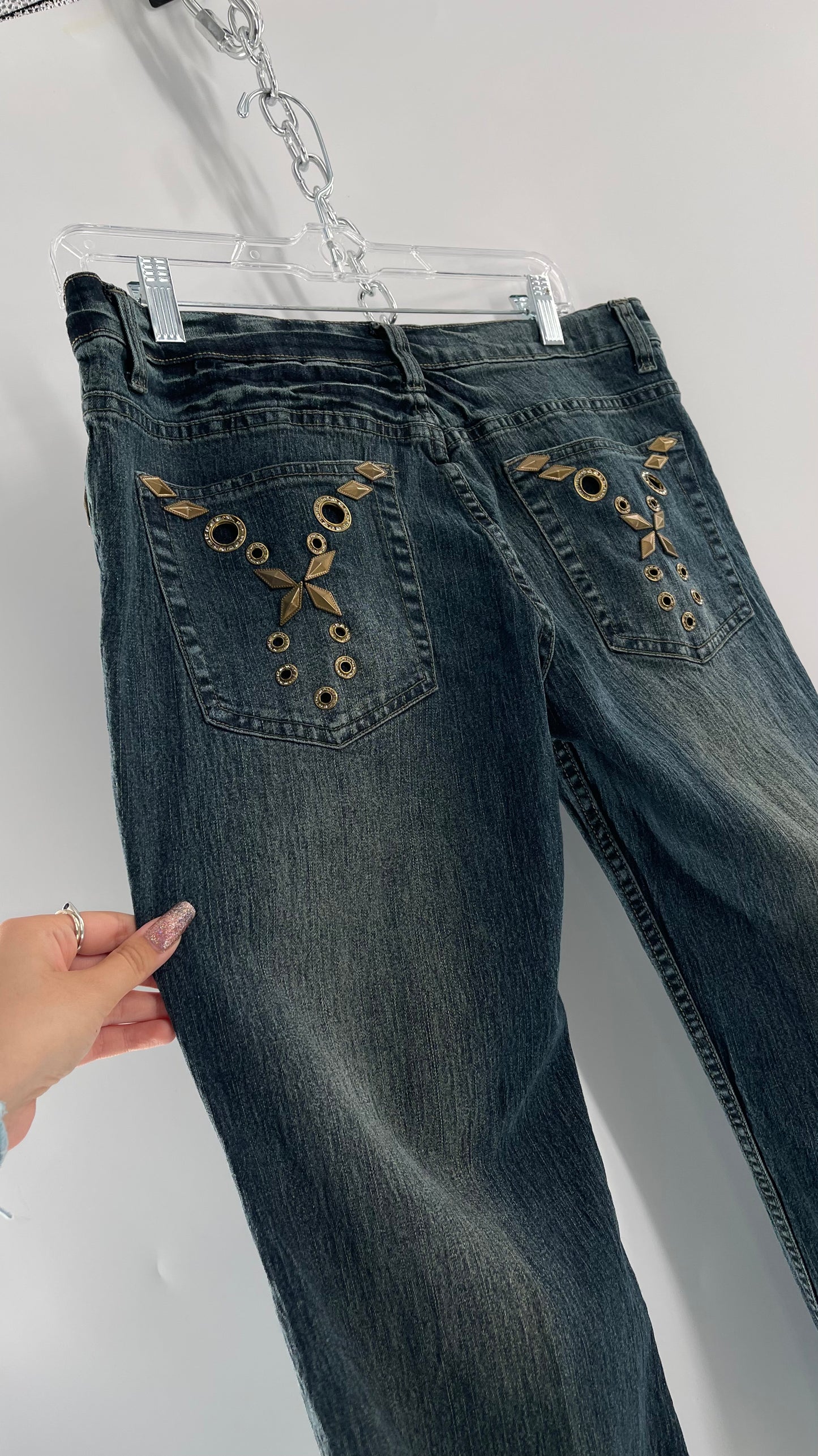 Vintage Blue Pointe Kickflare Medium Wash Jeans with Gold Rhinestone Metal Jewels (13)
