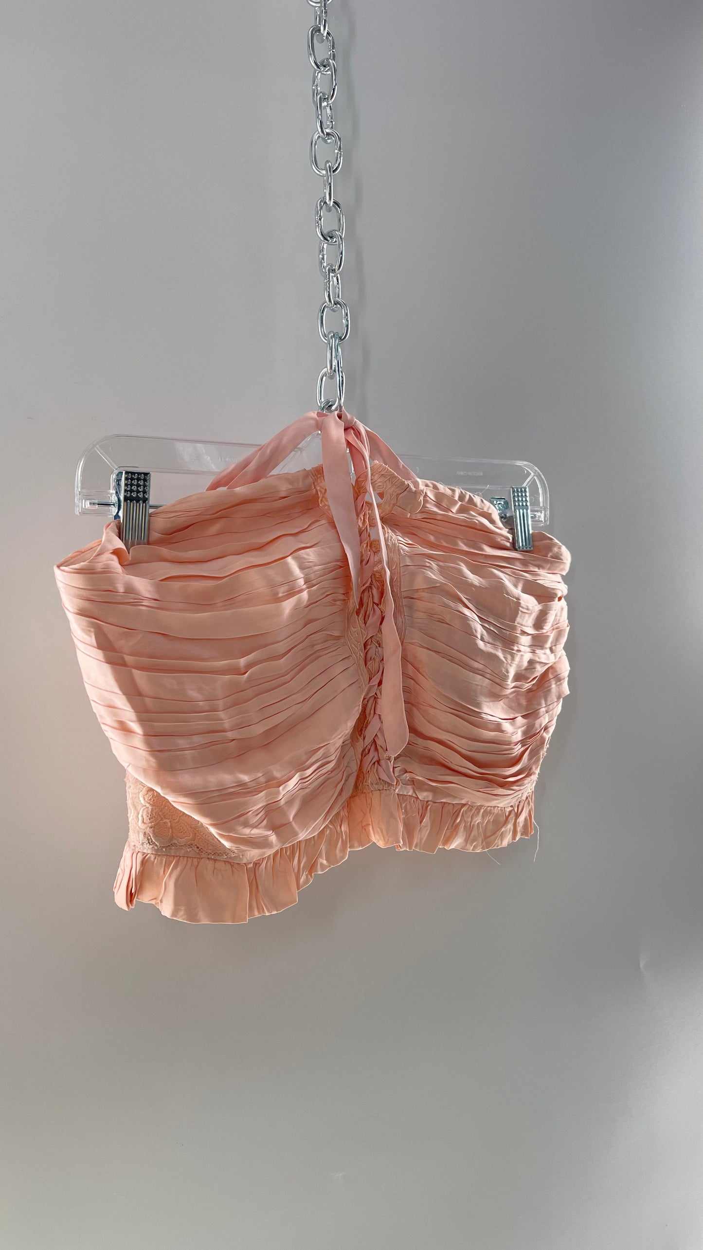 Free People Pink Viscose Pleated Tube Top with Ribbon Lace Up Bodice, Embroidered Flower Detail, and Ruffled Hem (Large)