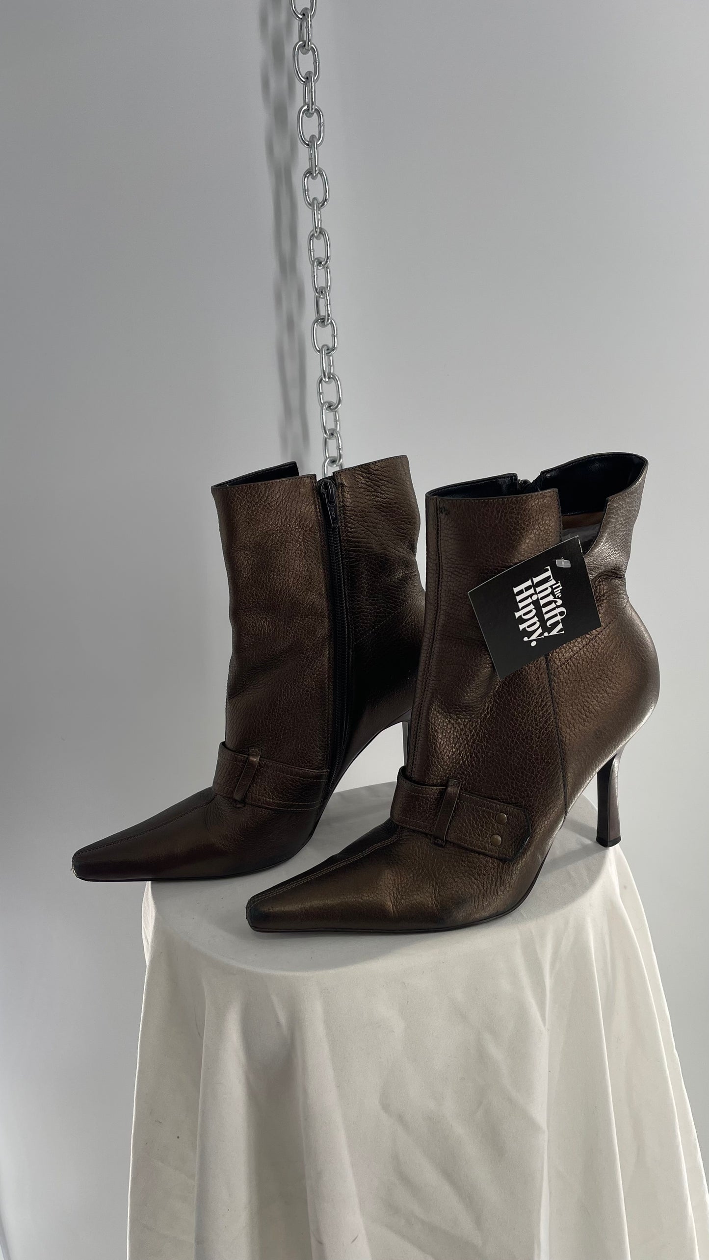 Vintage GIANNI Metallic Bronze Pointed Toe Buckle Strap Boots Made in Brazil (38)