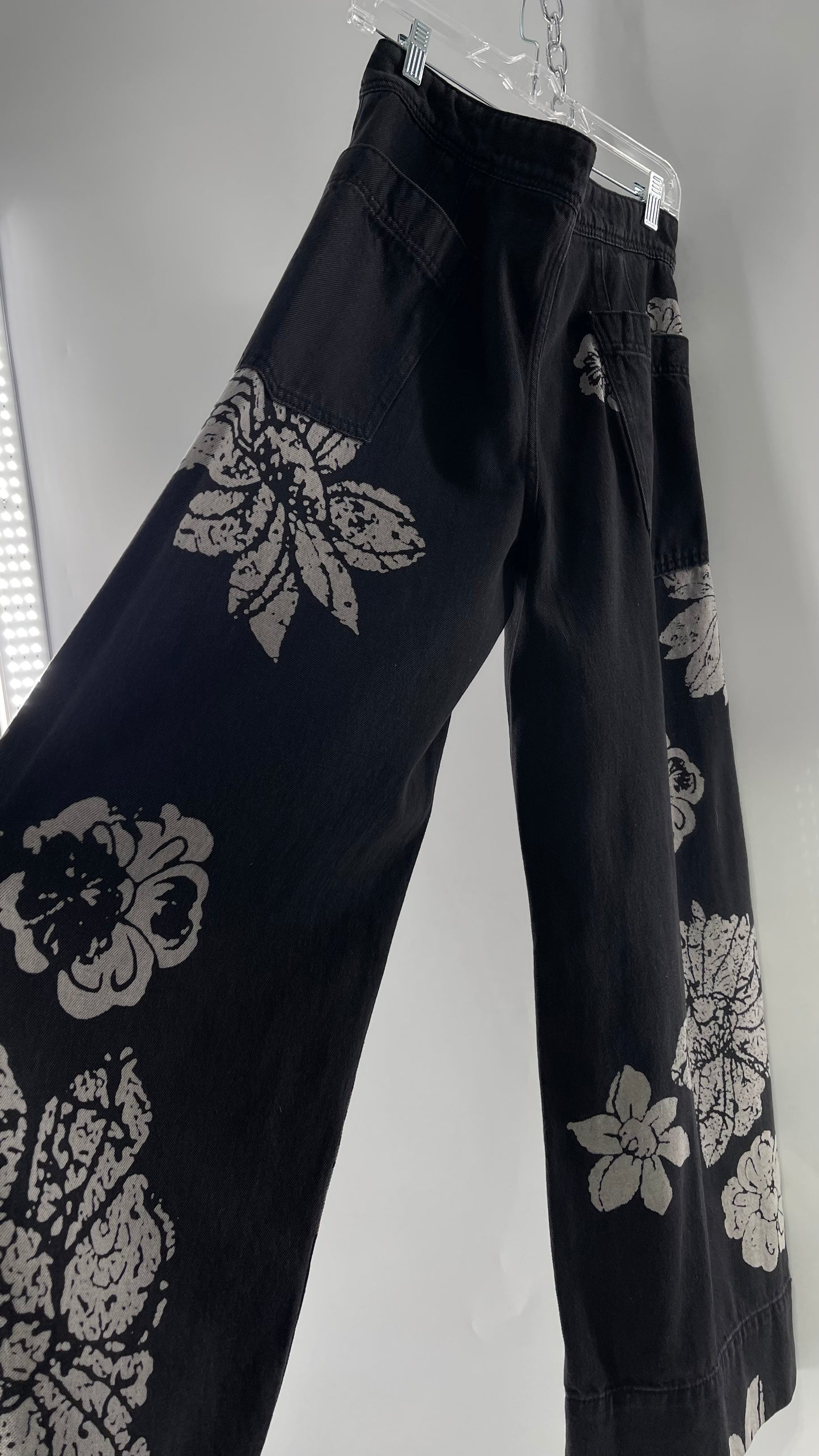 Free People Black Wide Leg Jeans with White Hibiscus Floral Design (29)