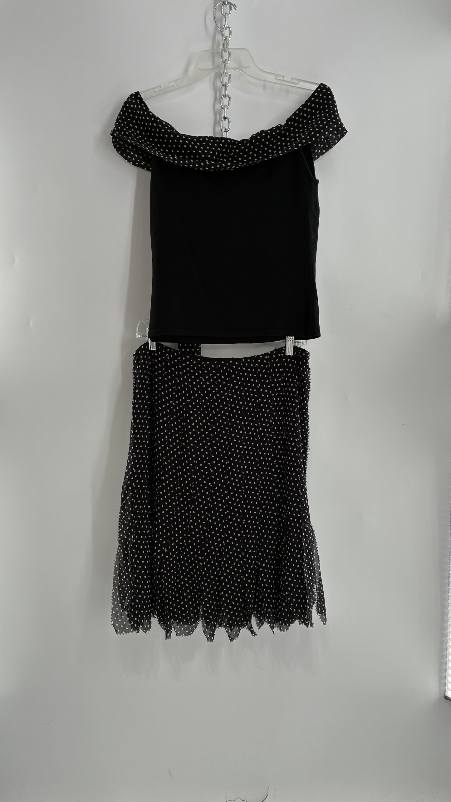Vintage DANA BUCHMAN 100% Silk Polka Dotted Fringe Skirt and Off the Shoulder Top (Medium)