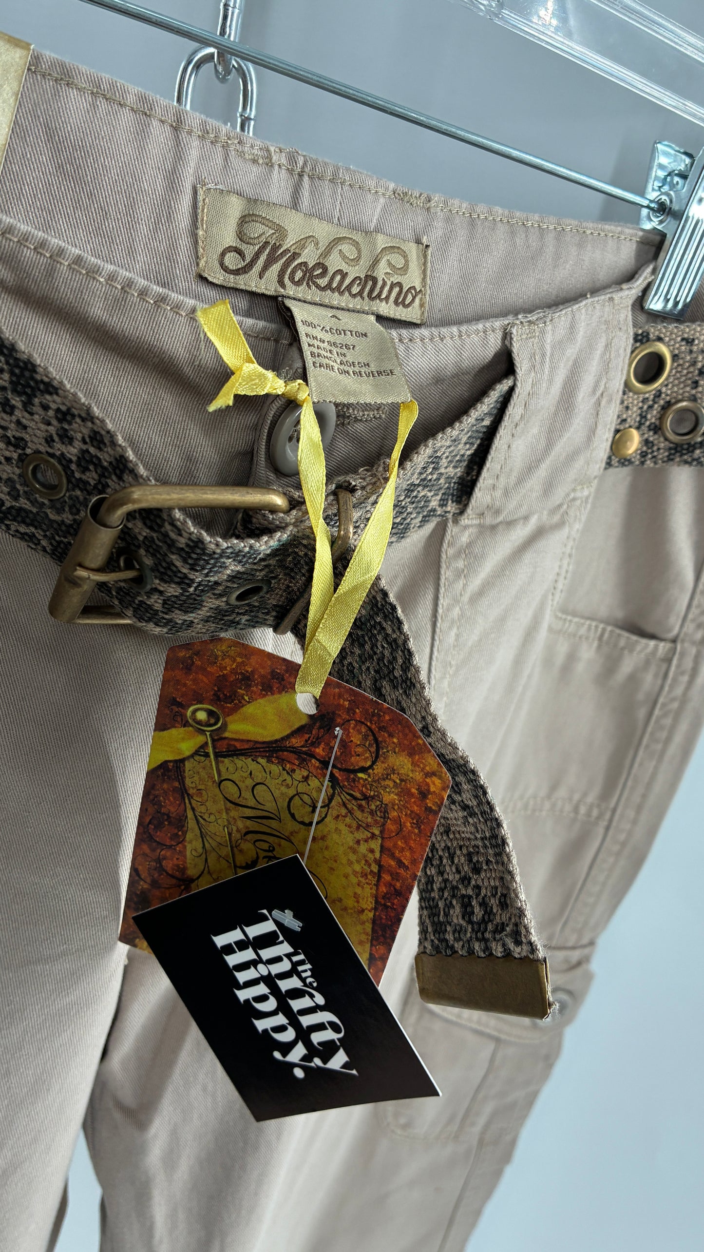 Deadstock Vintage MOKACHINO Tan Low Rise Cargos with Grommet Belt and Zipper Details (4,10)