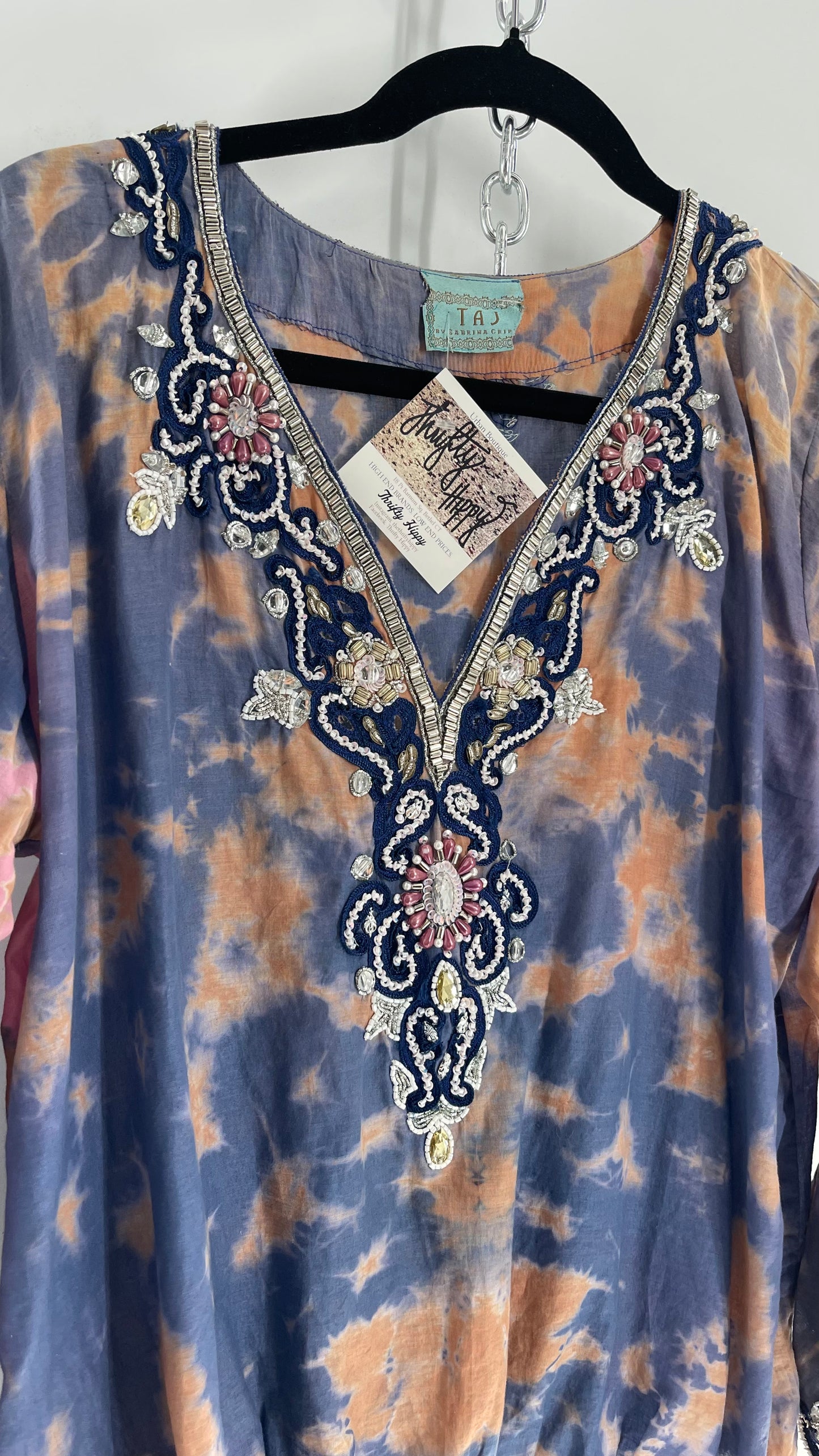 TAJ by Sabrina Crippa Tie Dye Blouse with Gemstone Encrusted Neckline and Ruched Beaded Sleeves (S/M)
