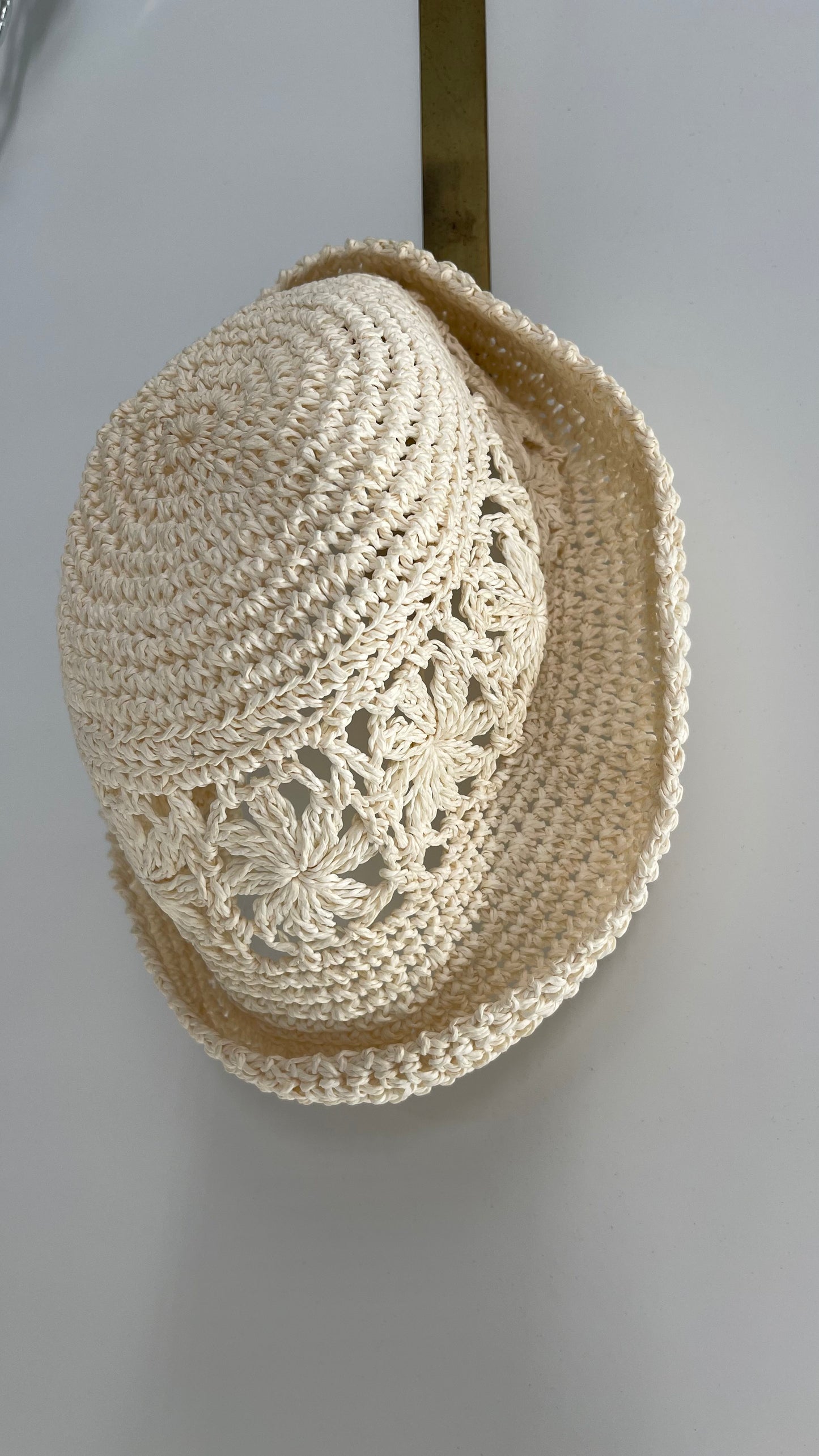 Vintage Off White Crochet Straw Bucket Hat