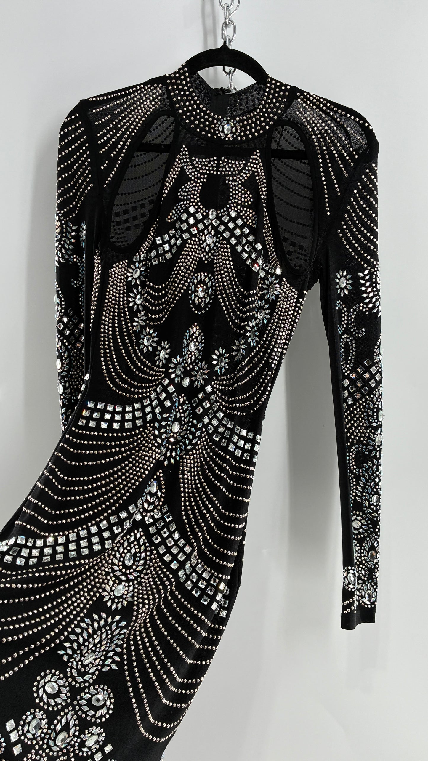 Black Bedazzled Mini Dress with Cut Out Details Covered in Gems (Small)