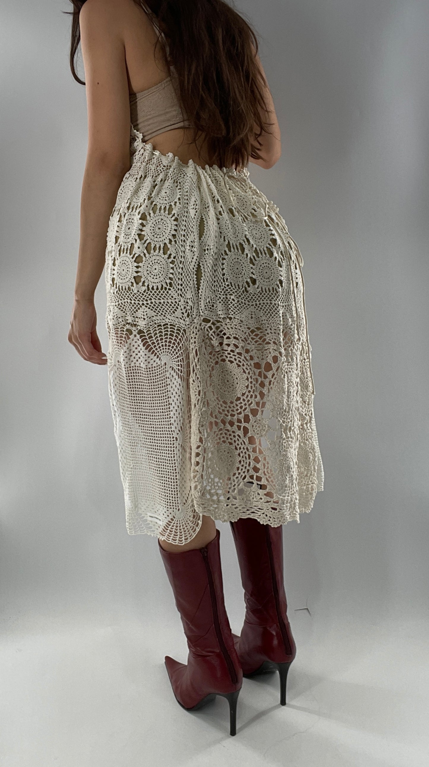Vintage Handmade Crochet Cottage Adjustable Dress with Open, Low Back (One Size)
