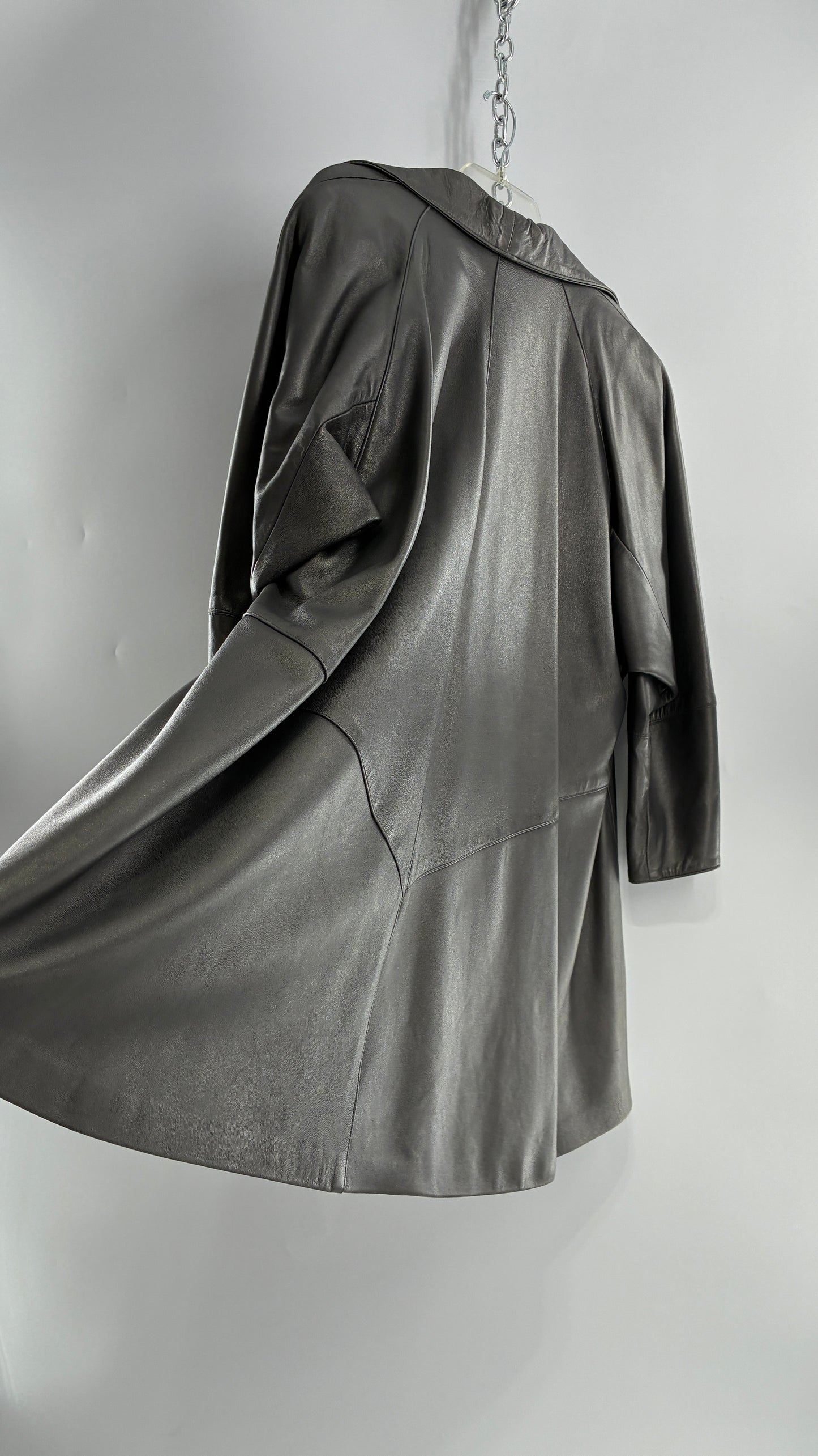 Vintage 1980s JUST PIERRE 3pc Metallic Silver Leather Trench Coat, Micro Mini Skirt and Sheer Blouse Set (S/M)