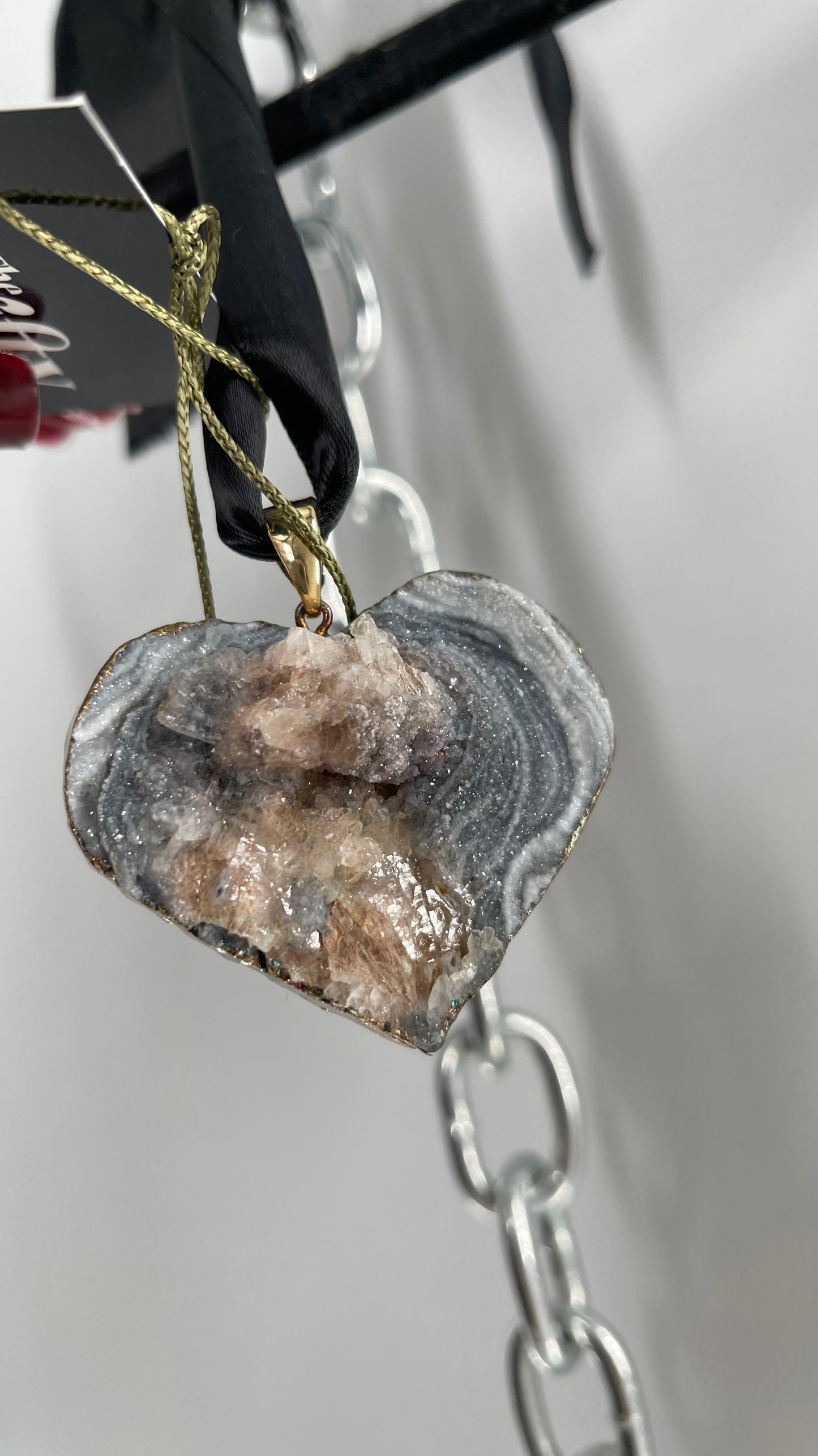 Vintage Geode Heart Stone Pendant Necklace with Black Ribbon