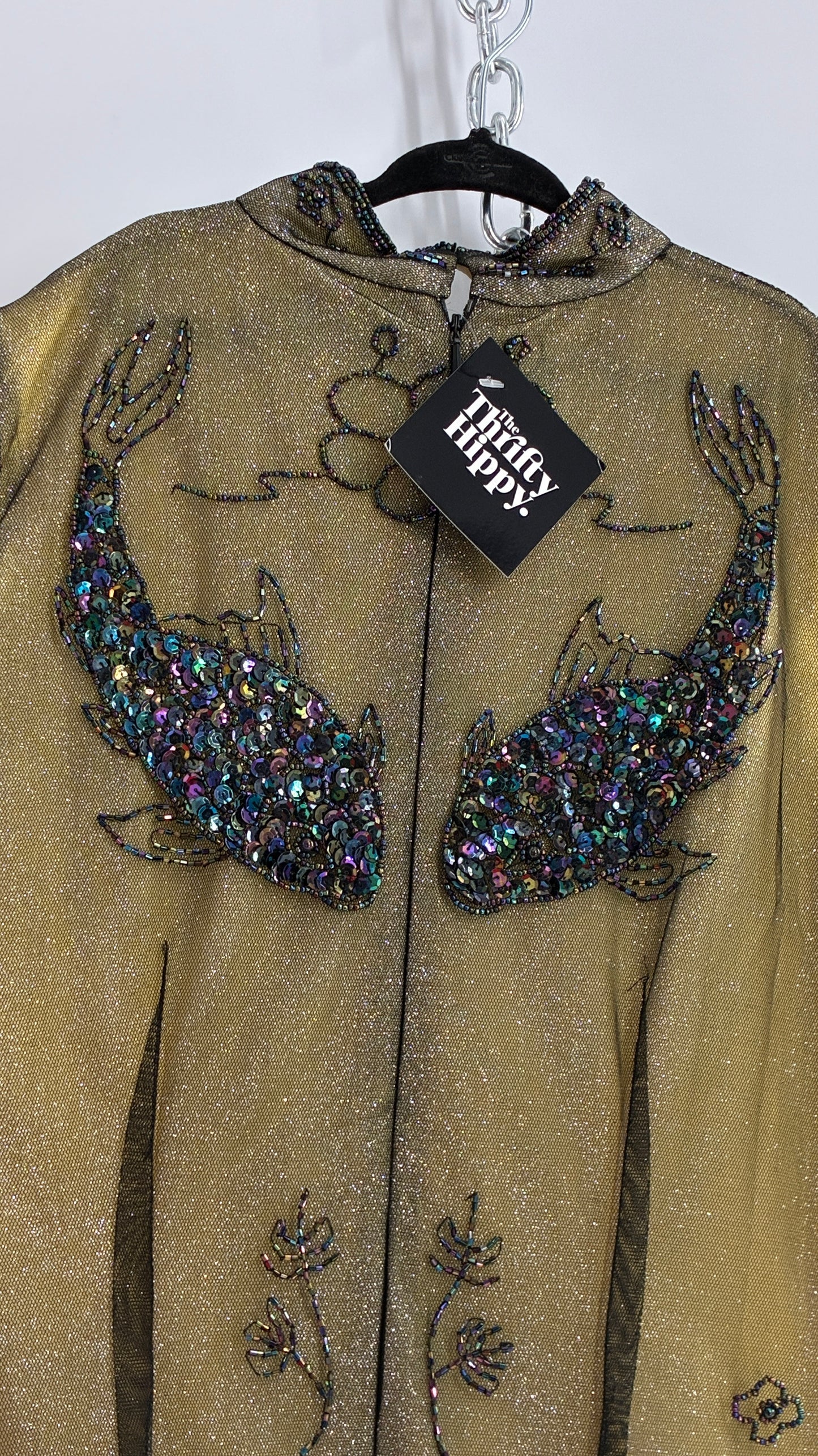 Vintage 1990s One of a Kind Handmade, Green Gown with Beaded Koi Fish, Metallic Tulle Overlay, and Symmetric Back (Medium)