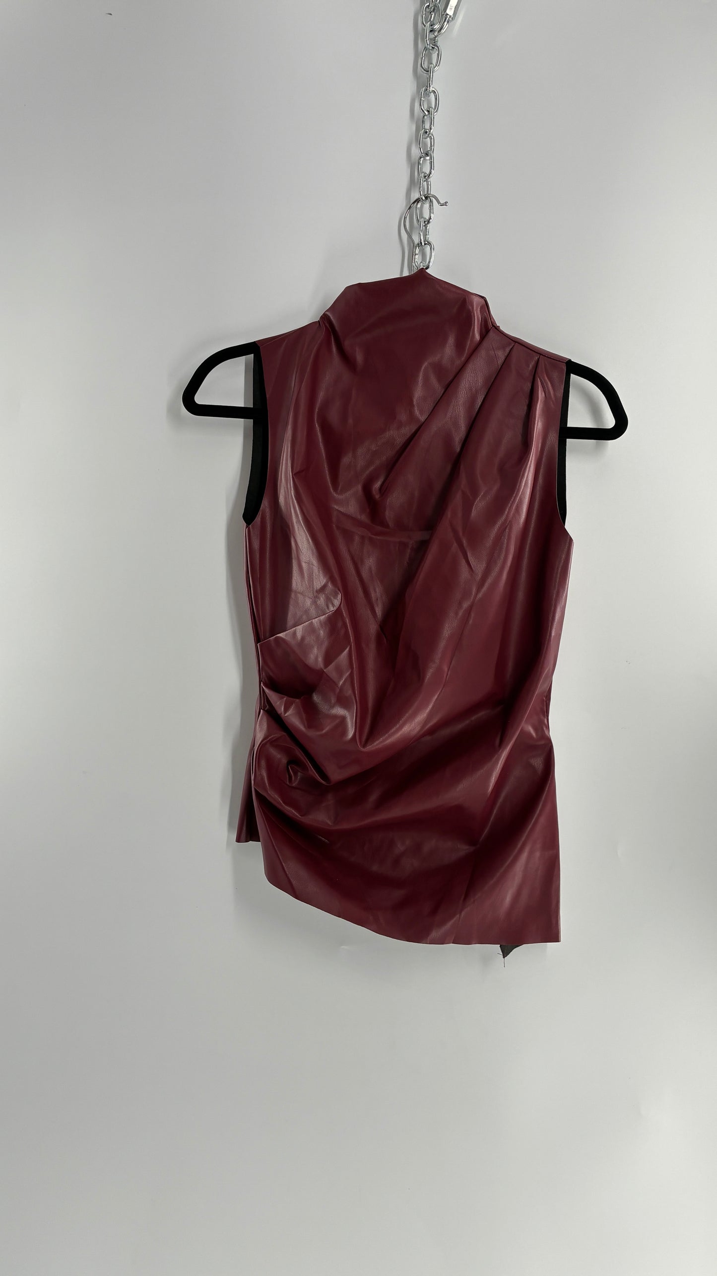 Faux Leather Maroon Ruched High Neck Asymmetric Sleeveless Top (Medium)