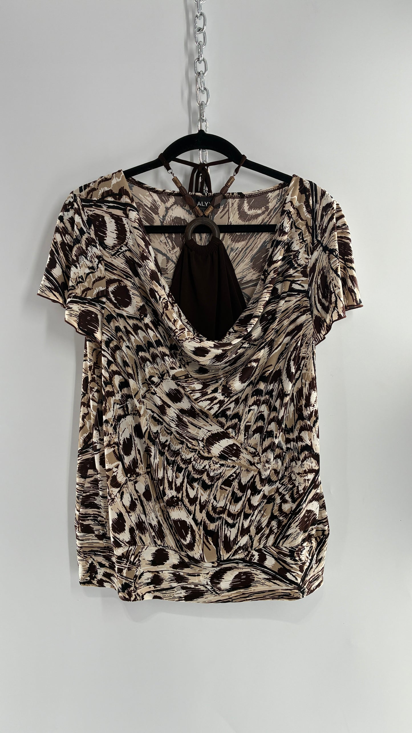 Vintage ALYX Brown Drape Front Top with Beaded Halter Peek Through Detail (Large)