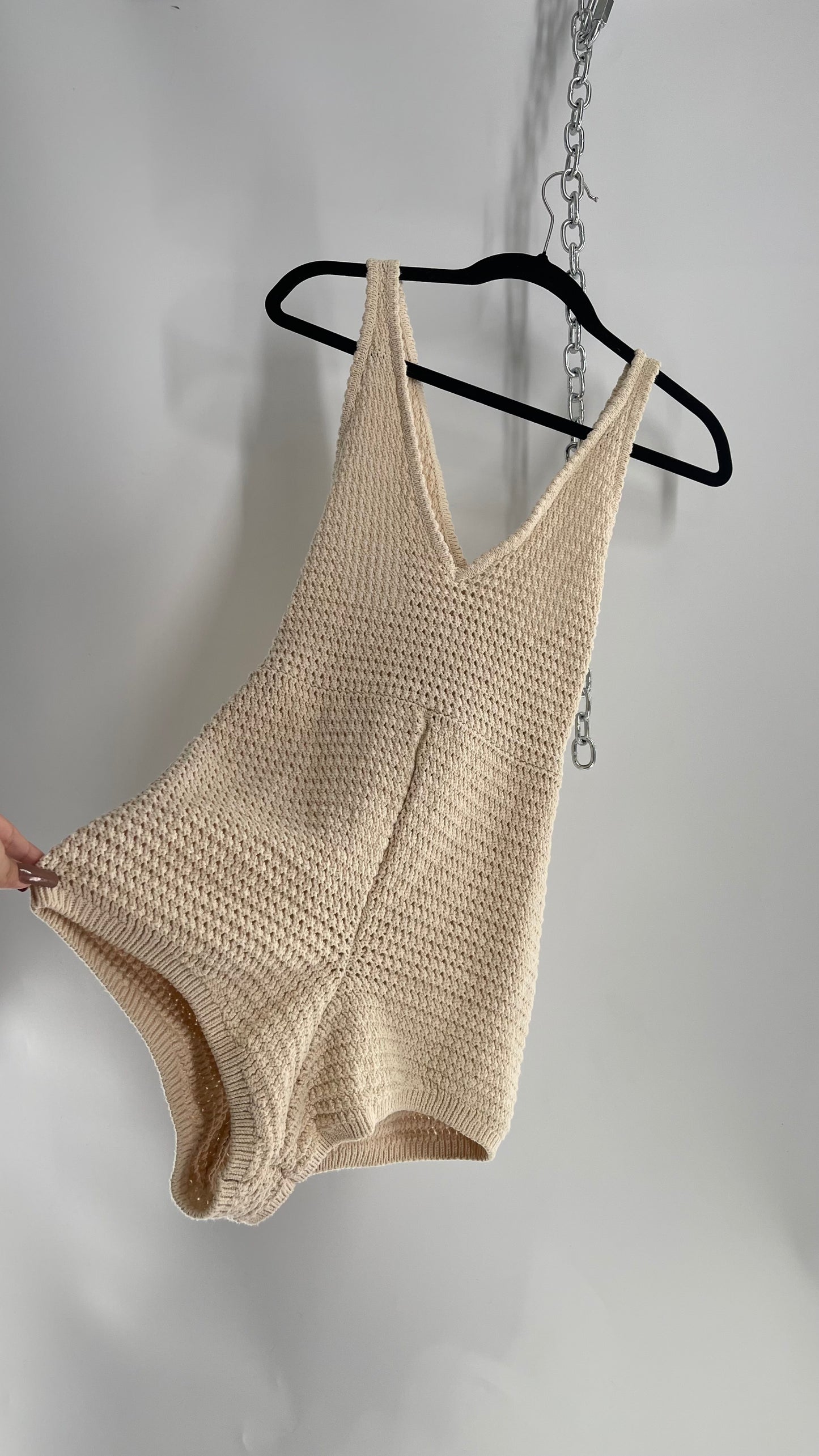 Free People Beige Crochet Thick Knit Beige Jumpsuit Romper (XS)