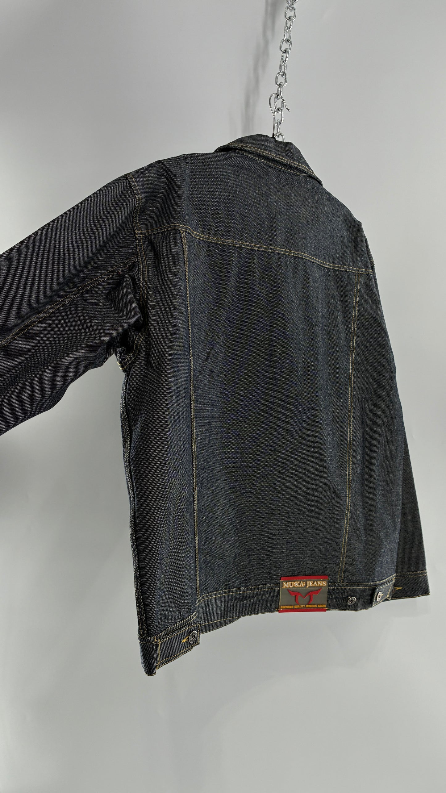 Vintage 1990s MU:KA: JEANS Men’s Dark Wash Japanese Style Denim Baggy Straight Legs and Oversized Jacket Set (L, 32x32)