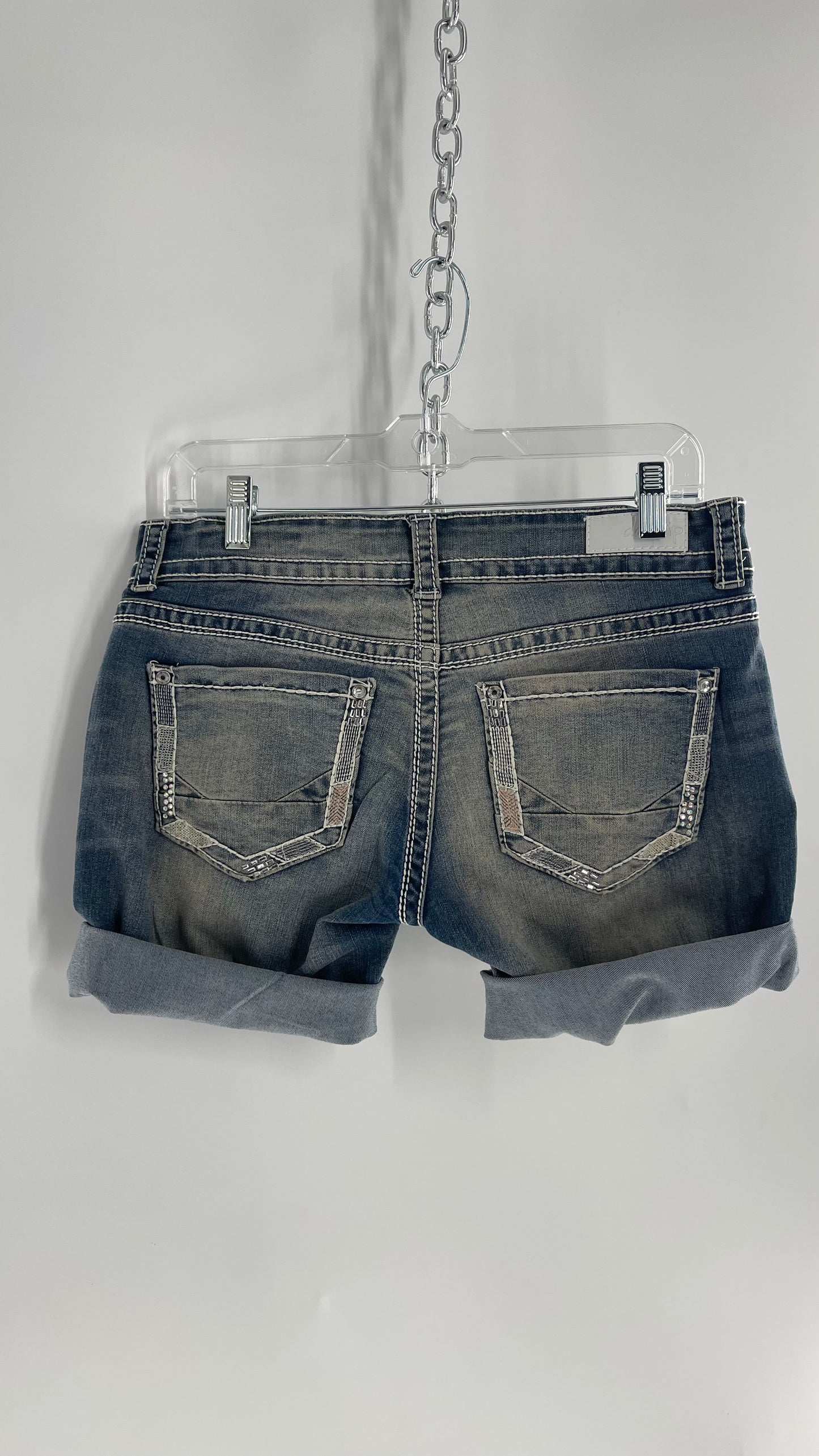 DayTrip Aries Light Wash Faded Denim Jean Shorts with Rhinestone Detailing (28)
