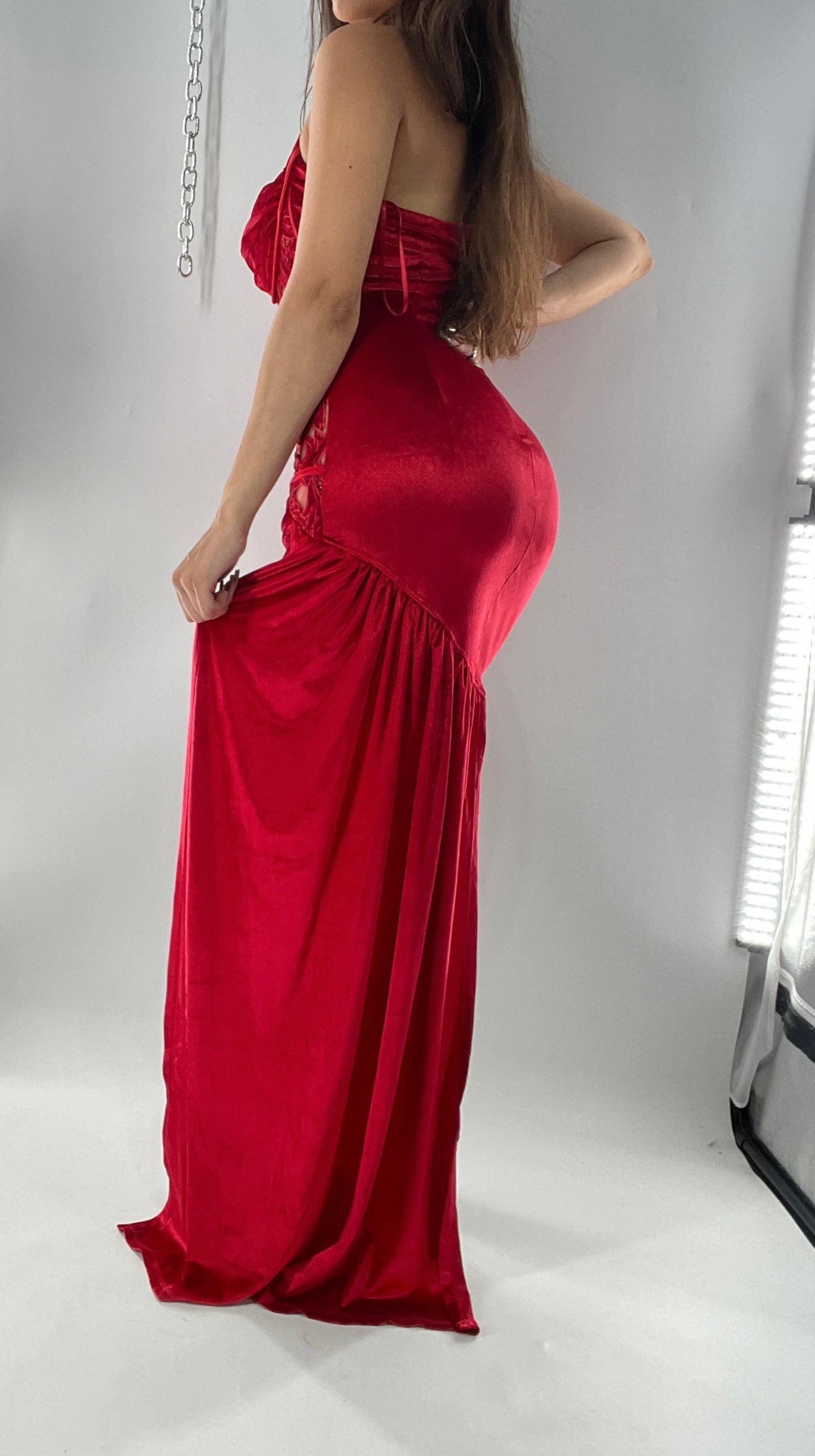 BANJUL Nalu Boutique Red Velvet Ultra Micro Mini Dress with Sheer Corseted Body, Ruched Cups and Side Sash (M)