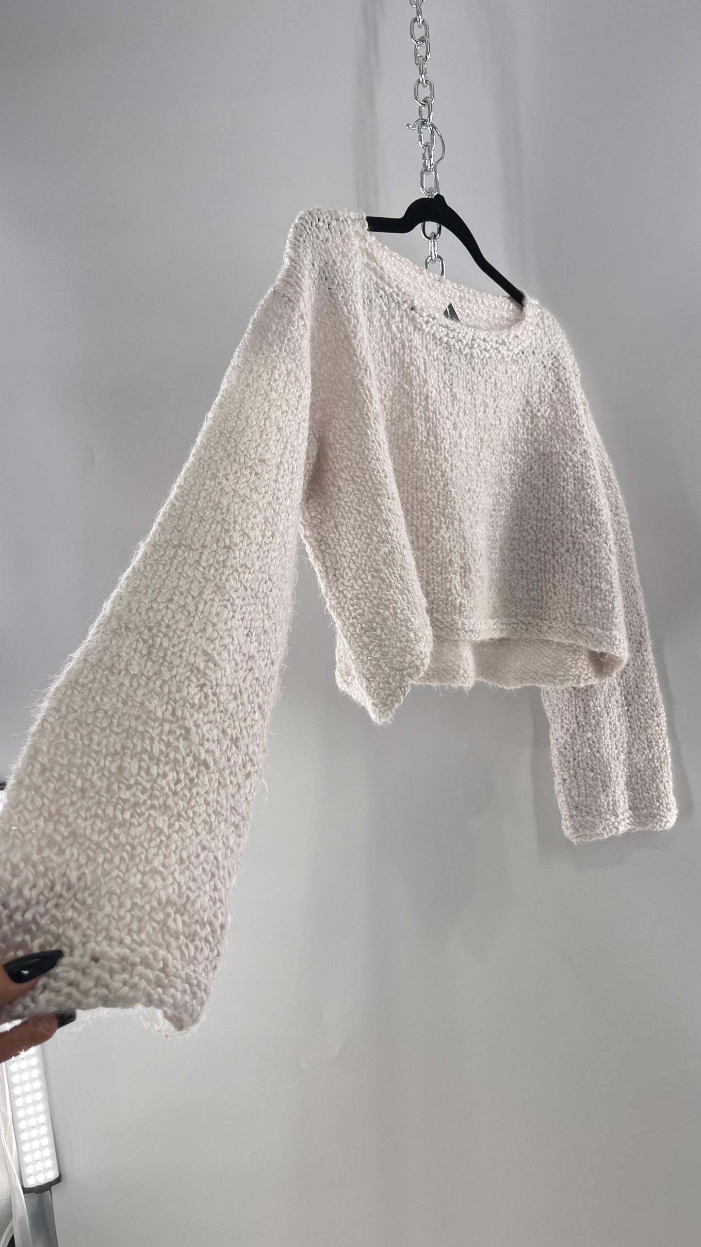 White Slouchy Comfy + Cozy Knit Cropped Sweater (M)