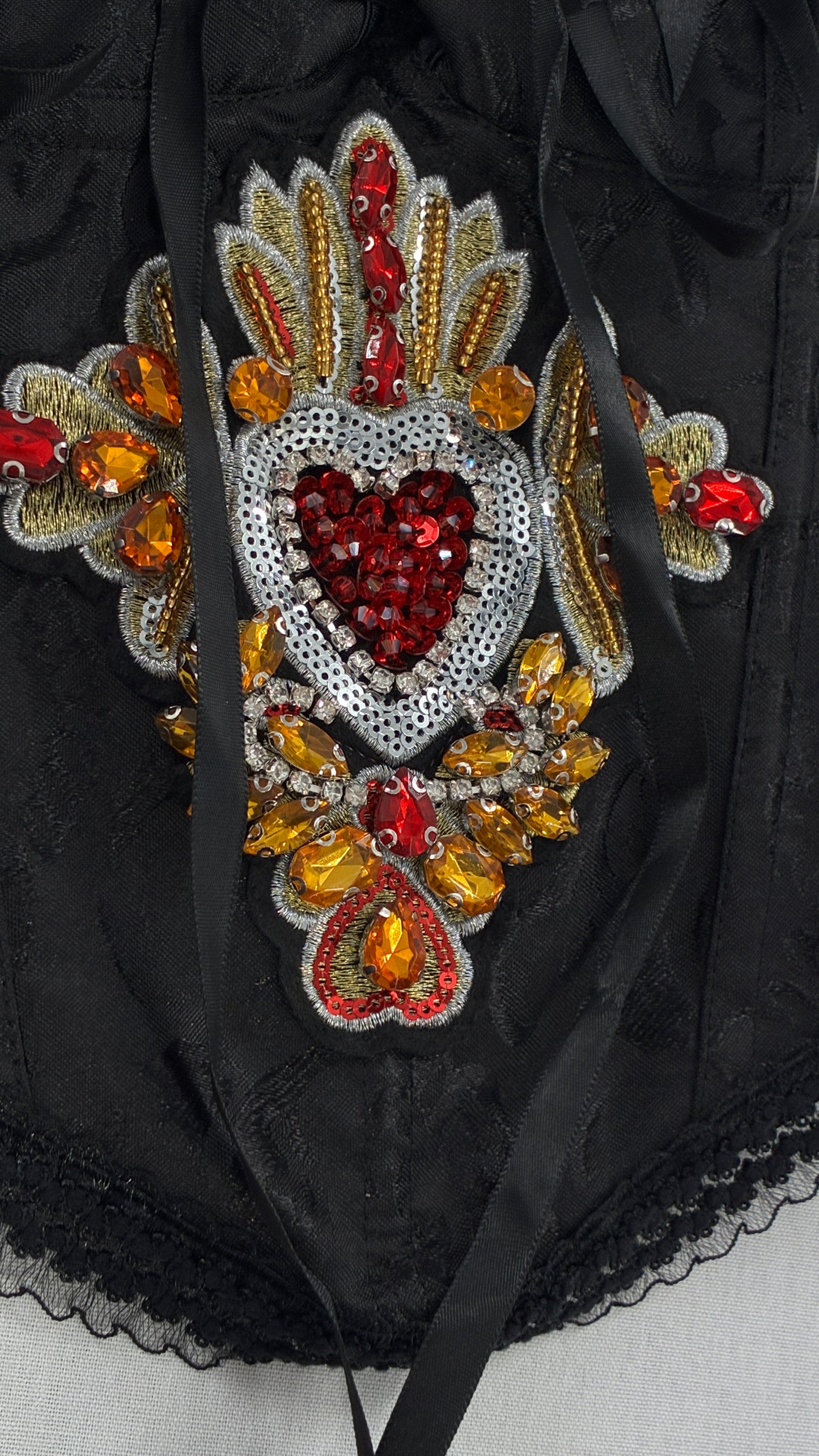 Custom Black Jacquard Corset, Handmade with Heart Appliqué, Bows, Embroidery, Gemstones, Lace and Ruffles (S/M)