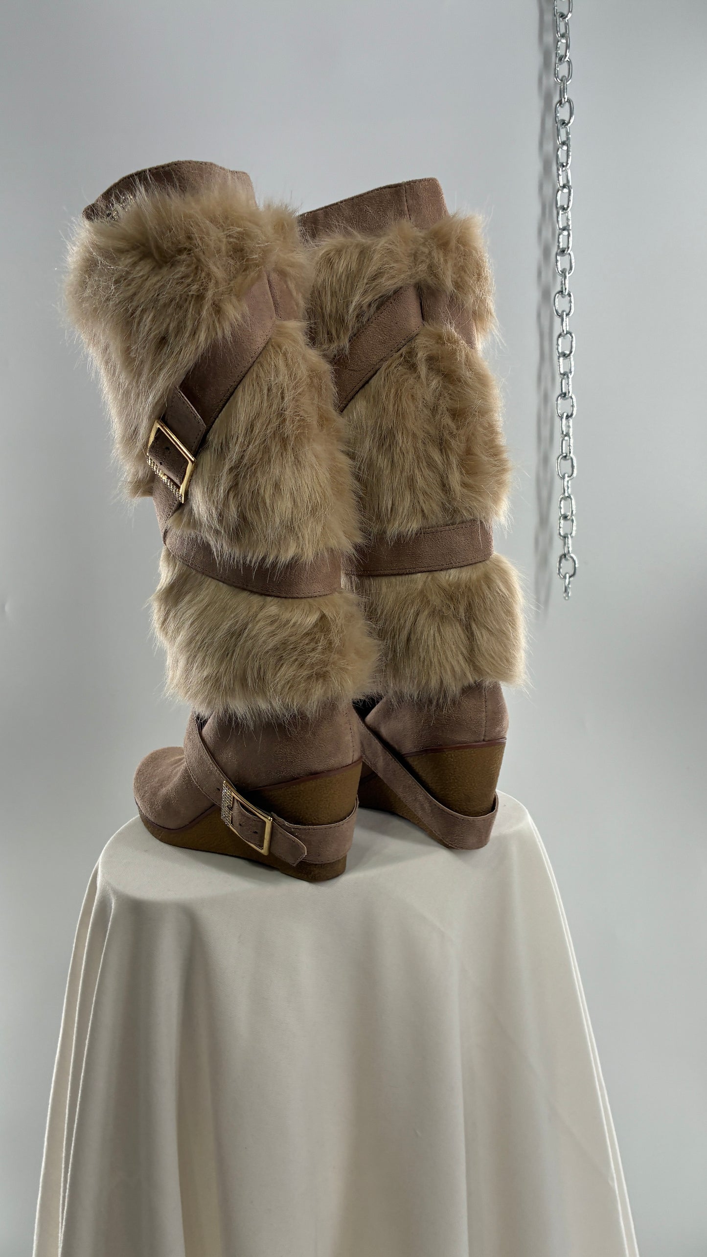 Vintage BEBE Wedge Heel Knee High Vegan Fur, Strappy Boots (6)