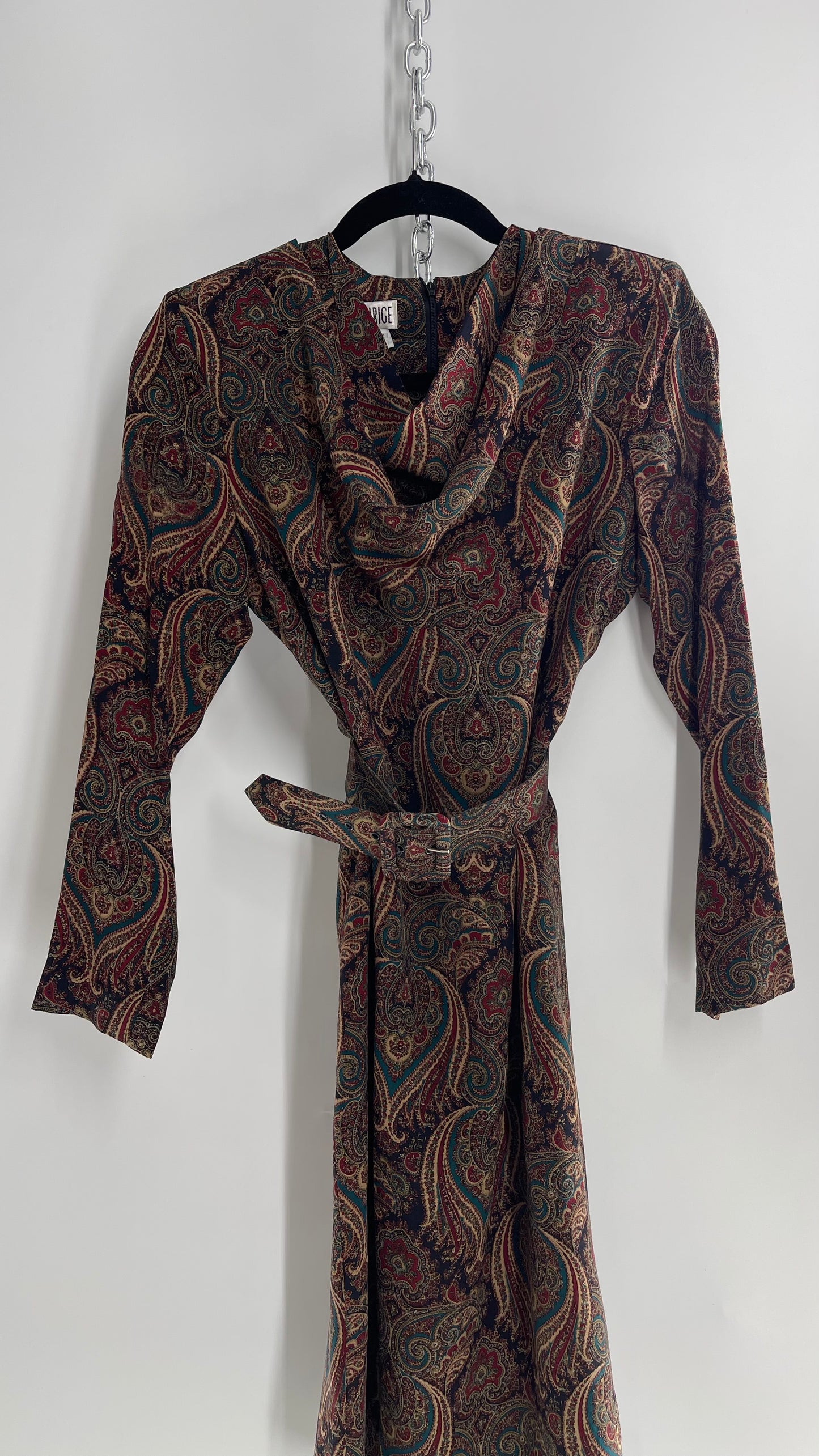 Vintage 100% Silk Paisley Belted Dress with Cowl Neckline (8)