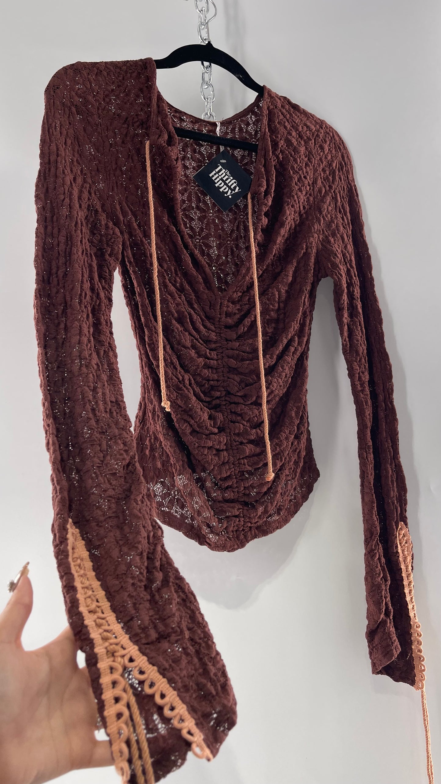 Free People Burgundy Lace Long Sleeve with Pink Lace Up Sleeve Detail (Medium)