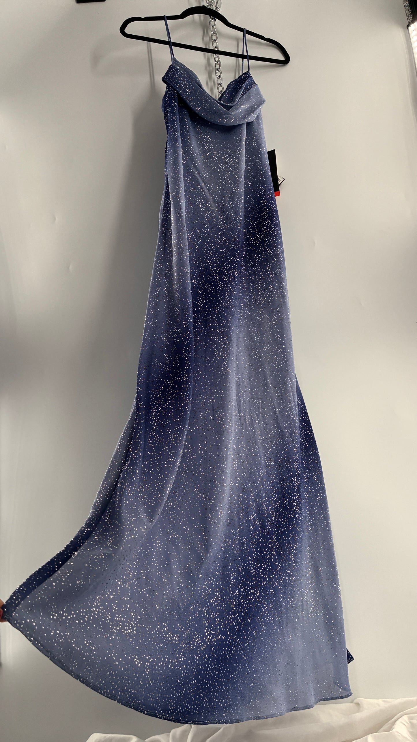 Deadstock Vintage ONYX Blue Iridescent Glitter Sparkle Draped Bust Gown (14)