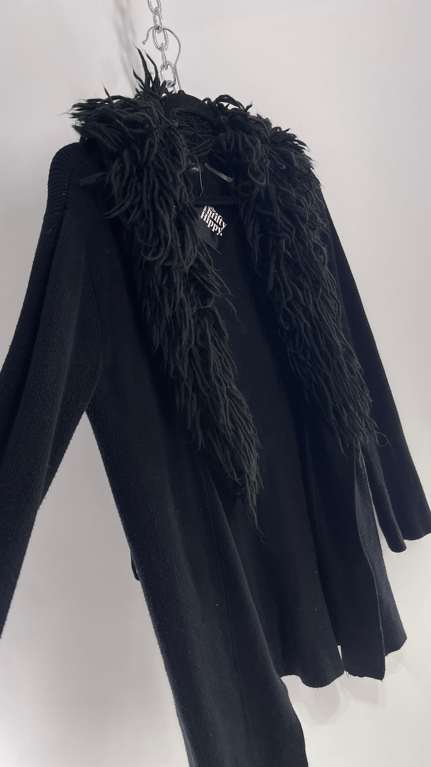 Dolce Cabo Vintage Worn Used Black Knit Cardigan with Exaggerated Shaggy Collar (Medium)