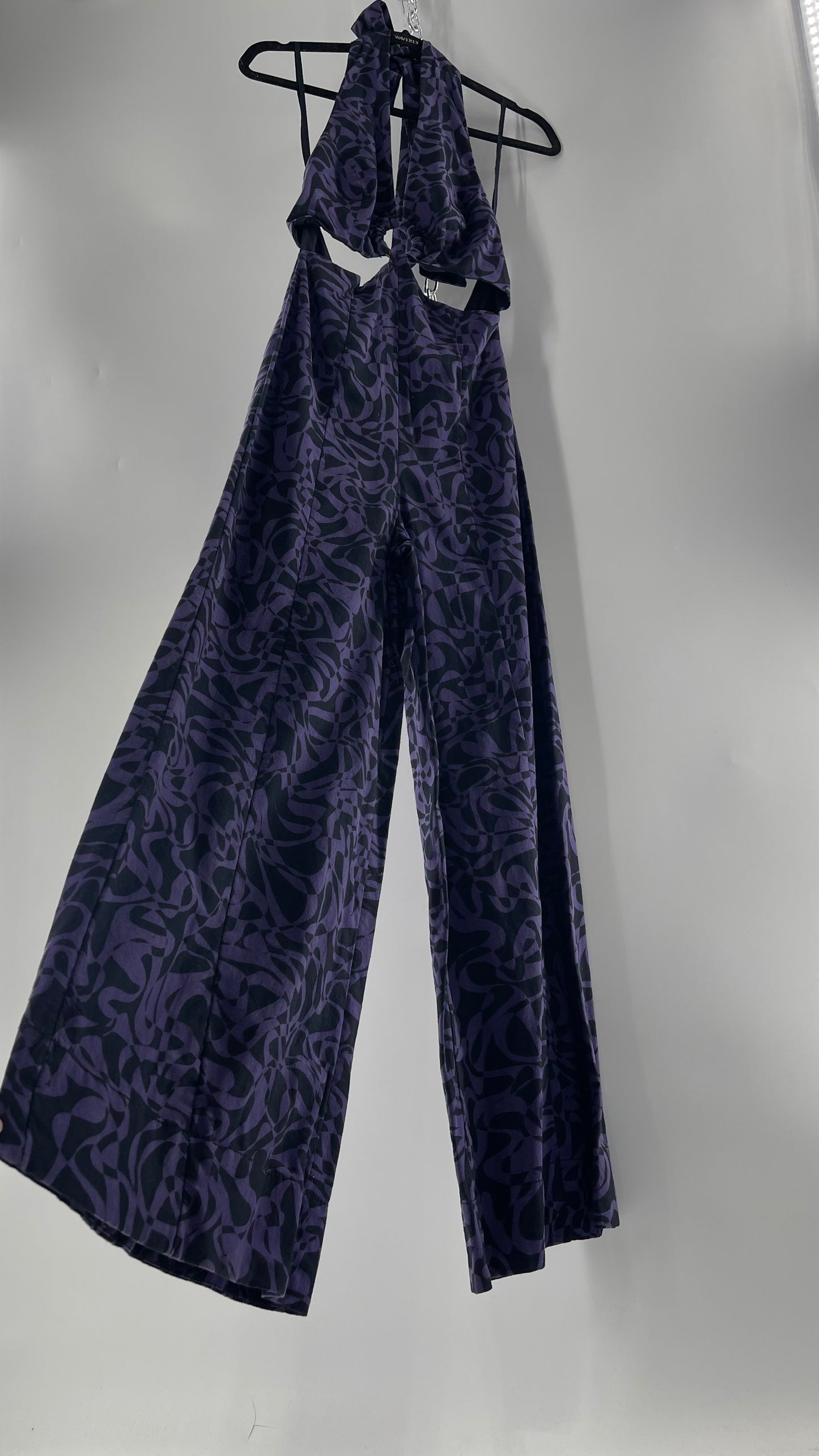 Free People Kira Retro Black and Purple Wide Leg Halter Jumpsuit with Tortoise Bust Loop (XS)
