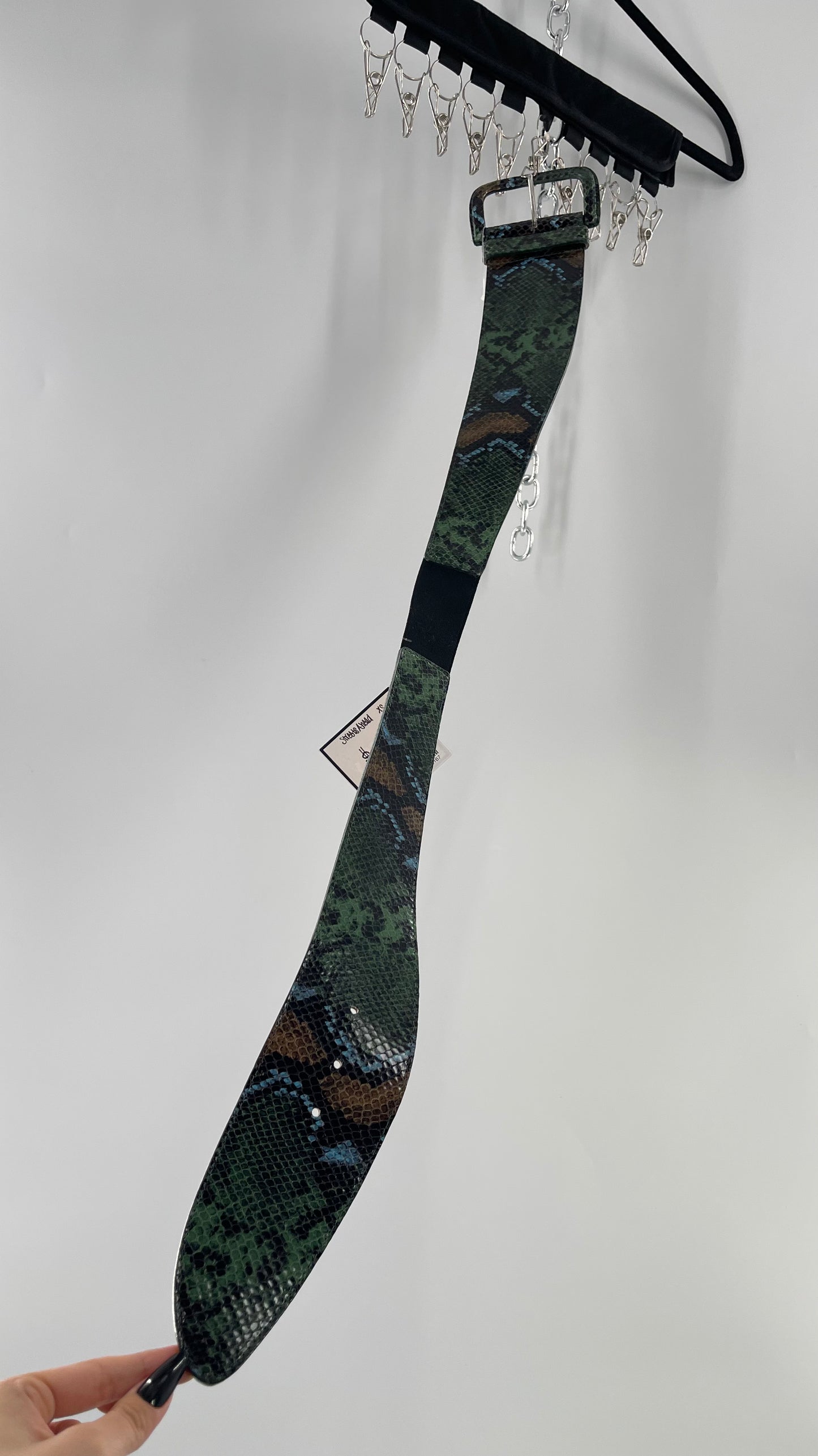 Streets Ahead Green/Blue/Tan Snakeskin Waist Belt with Exaggerated Buckle (XS)