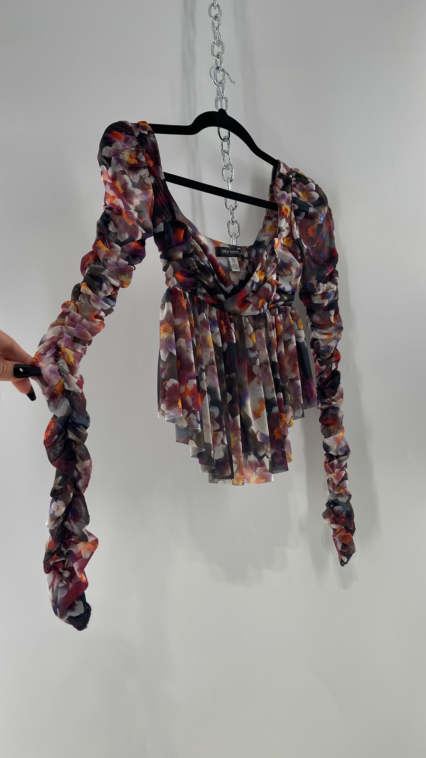 Urban Outfitters Psychedelic Floral Mesh Cropped Blouse with Ruched Sleeves and Pleated Hem (XS)