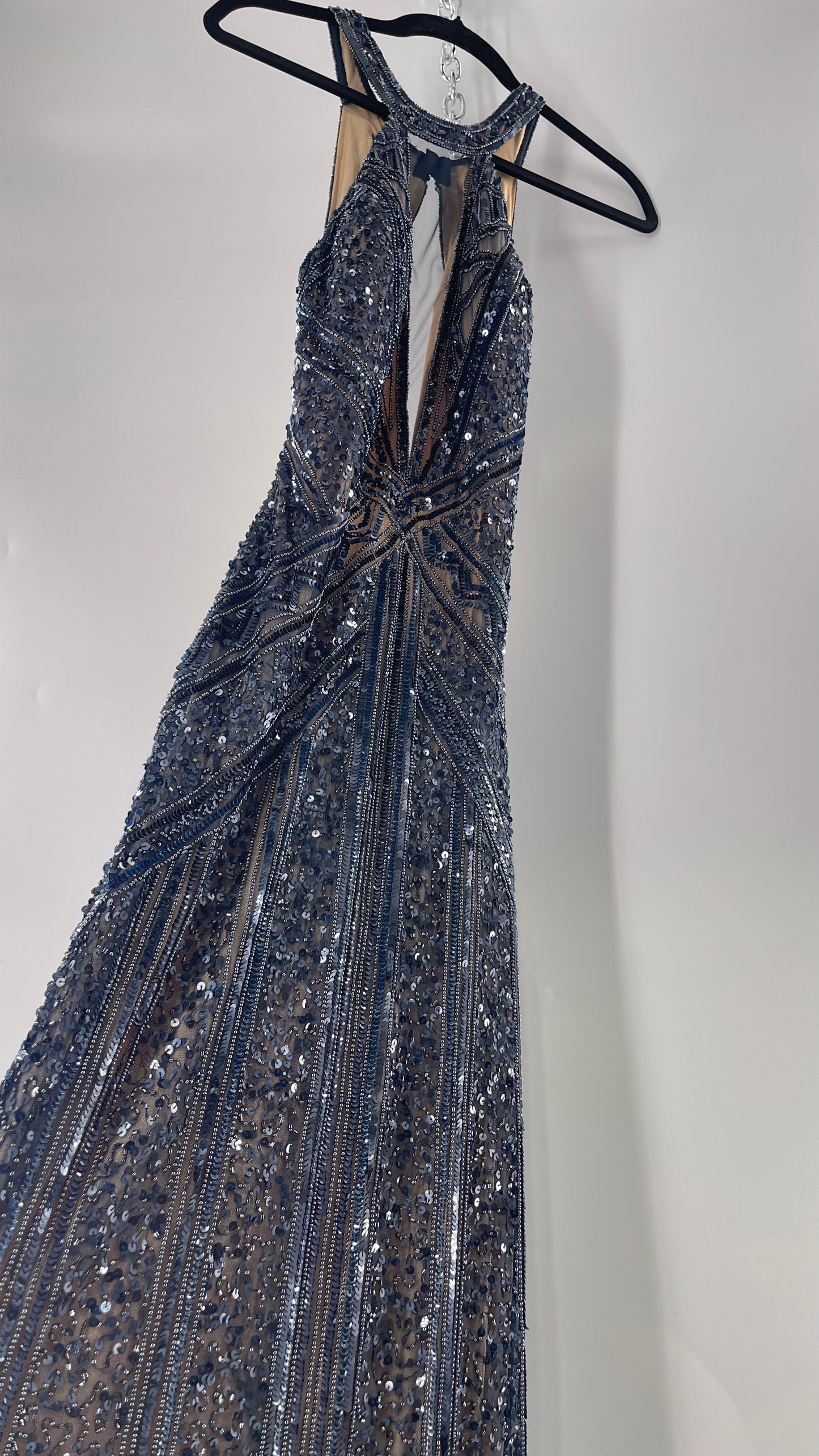 Vintage SCALA Navy Blue Beaded Floor Length Gown with Plunging Neckline, Backless Detail, and Tan Underlay (C)(4)