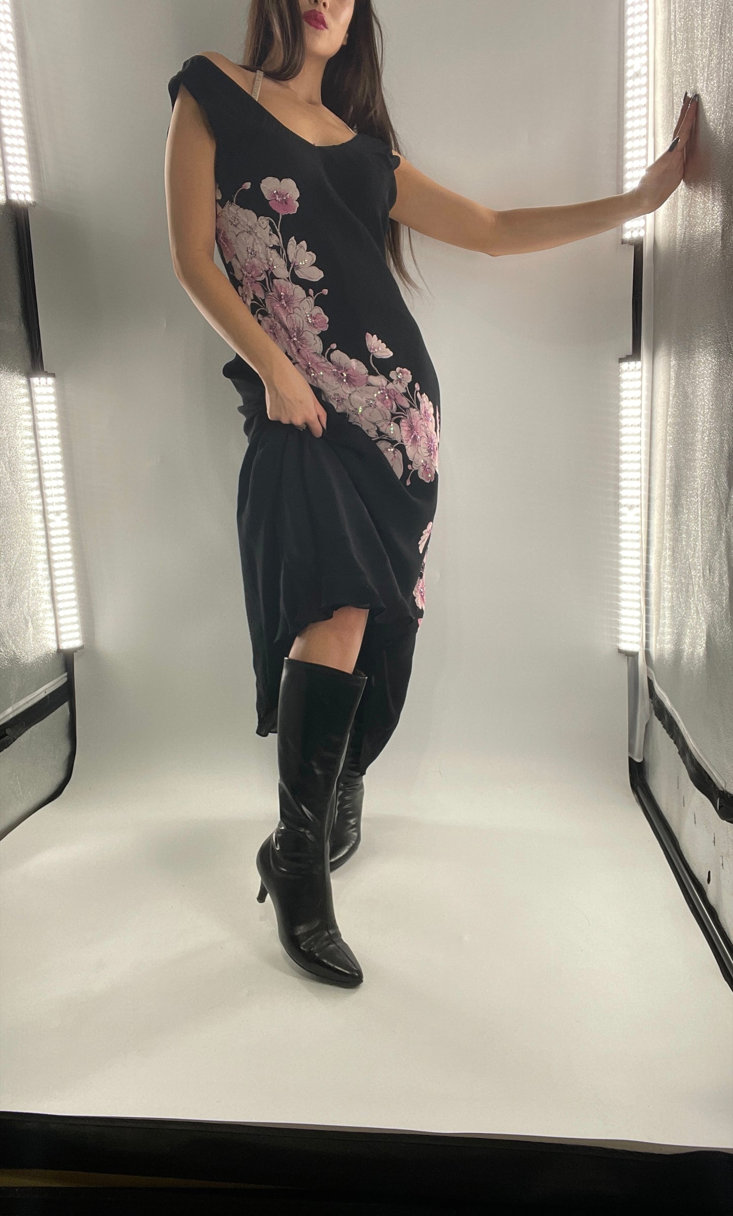Vintage Dress Barn Black Slinky Maxi Dress with Pink Floral Graphic and Sequins (L)