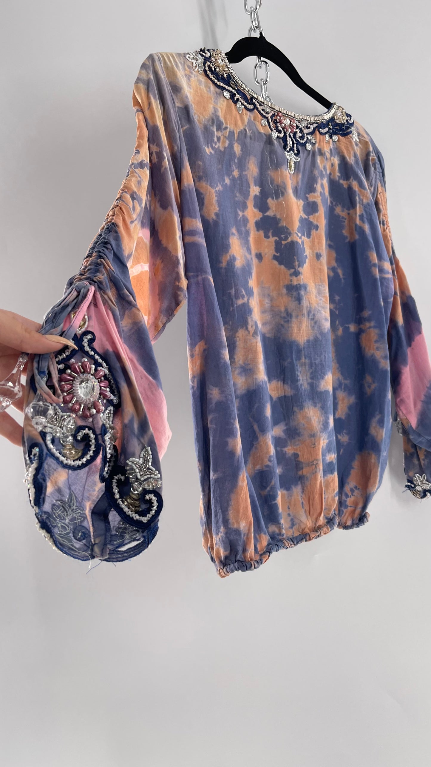 TAJ by Sabrina Crippa Tie Dye Blouse with Gemstone Encrusted Neckline and Ruched Beaded Sleeves (S/M)