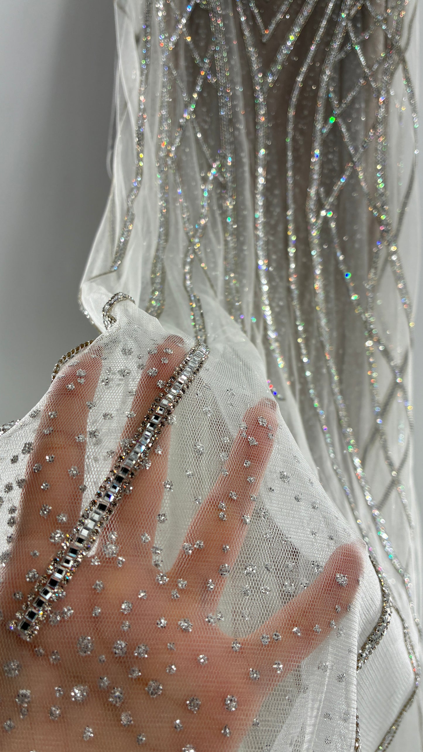 NWT LADIVINE by Cinderella Divine Silver Nude CC6018 Mermaid Corseted Gown with Multiple Layers of Tulle, Covered in Crystal Strips (16)