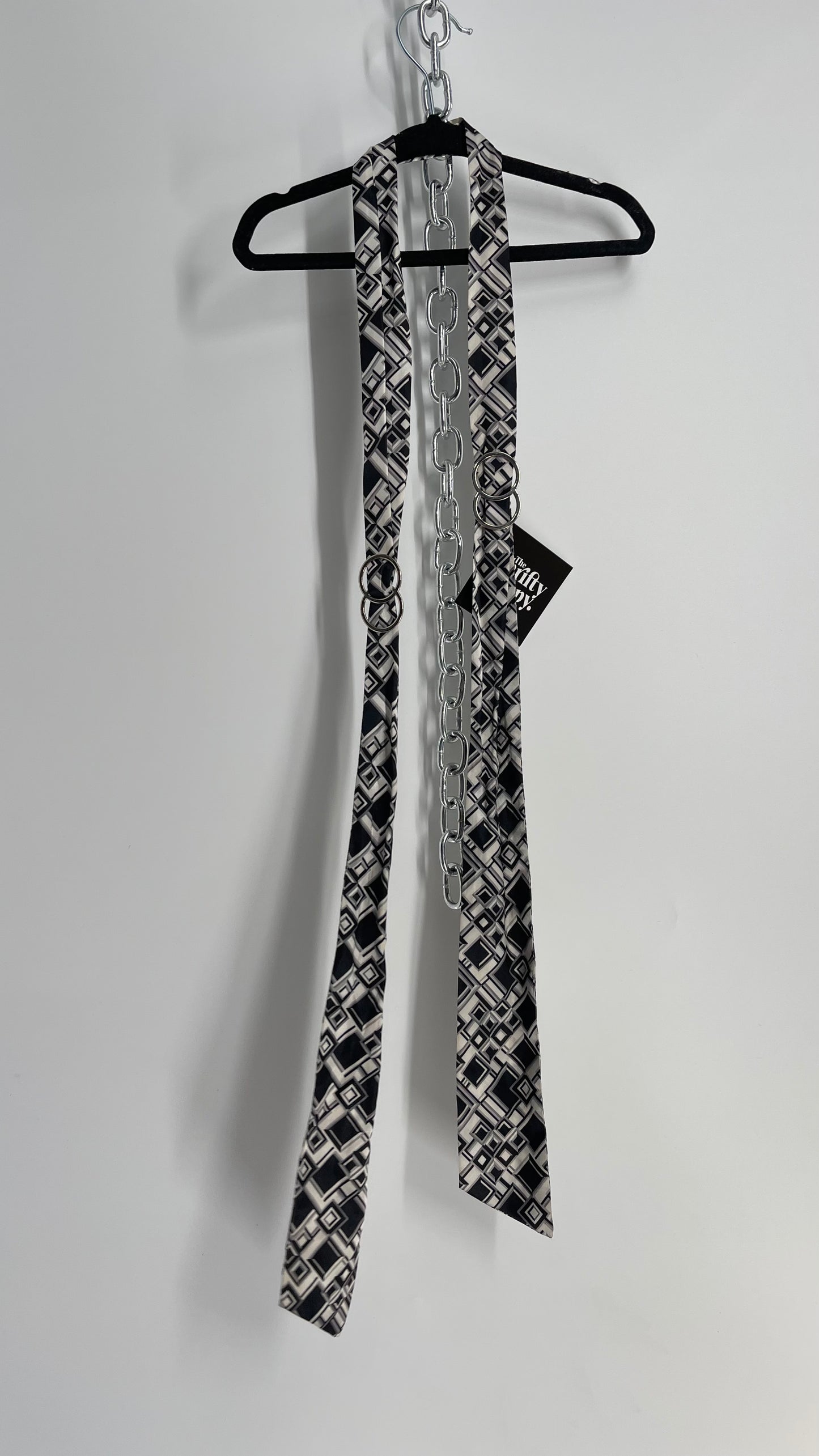 Vintage Black and White Abstract Geometric Silky Skinny Belt/Scarf