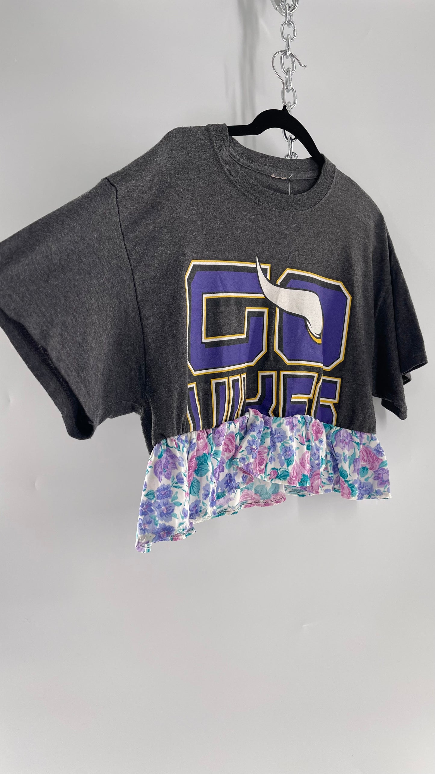 Urban Outfitters Reworked Go Vikings Sports T with Floral 80s Ruffle (M)