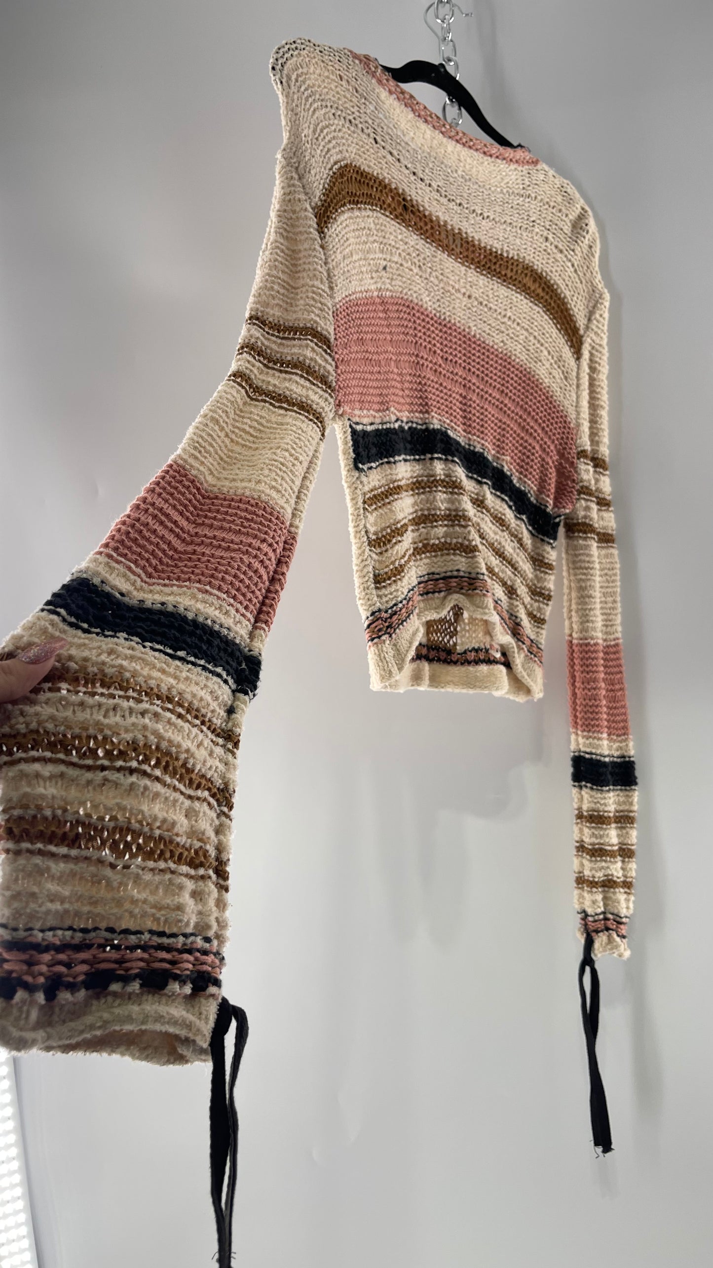 Free People Beige Slouchy Sweater with Dusty Pink, Tan and Black Striping Detail (Medium)