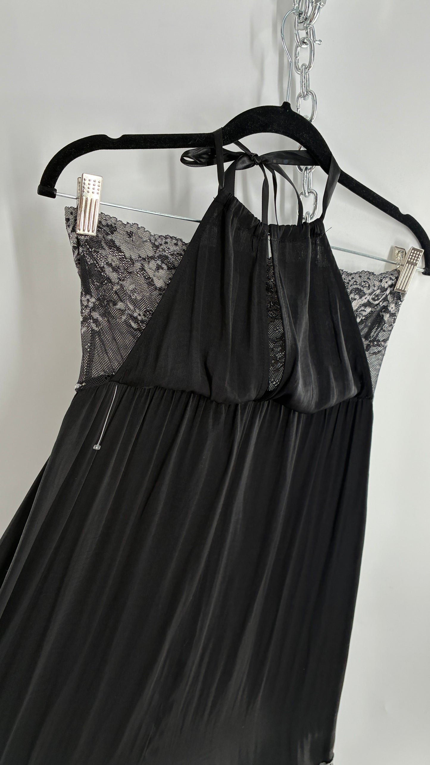 Free People Silky Black Jumpsuit with Grey Lace Paneling and Bandeau (S)