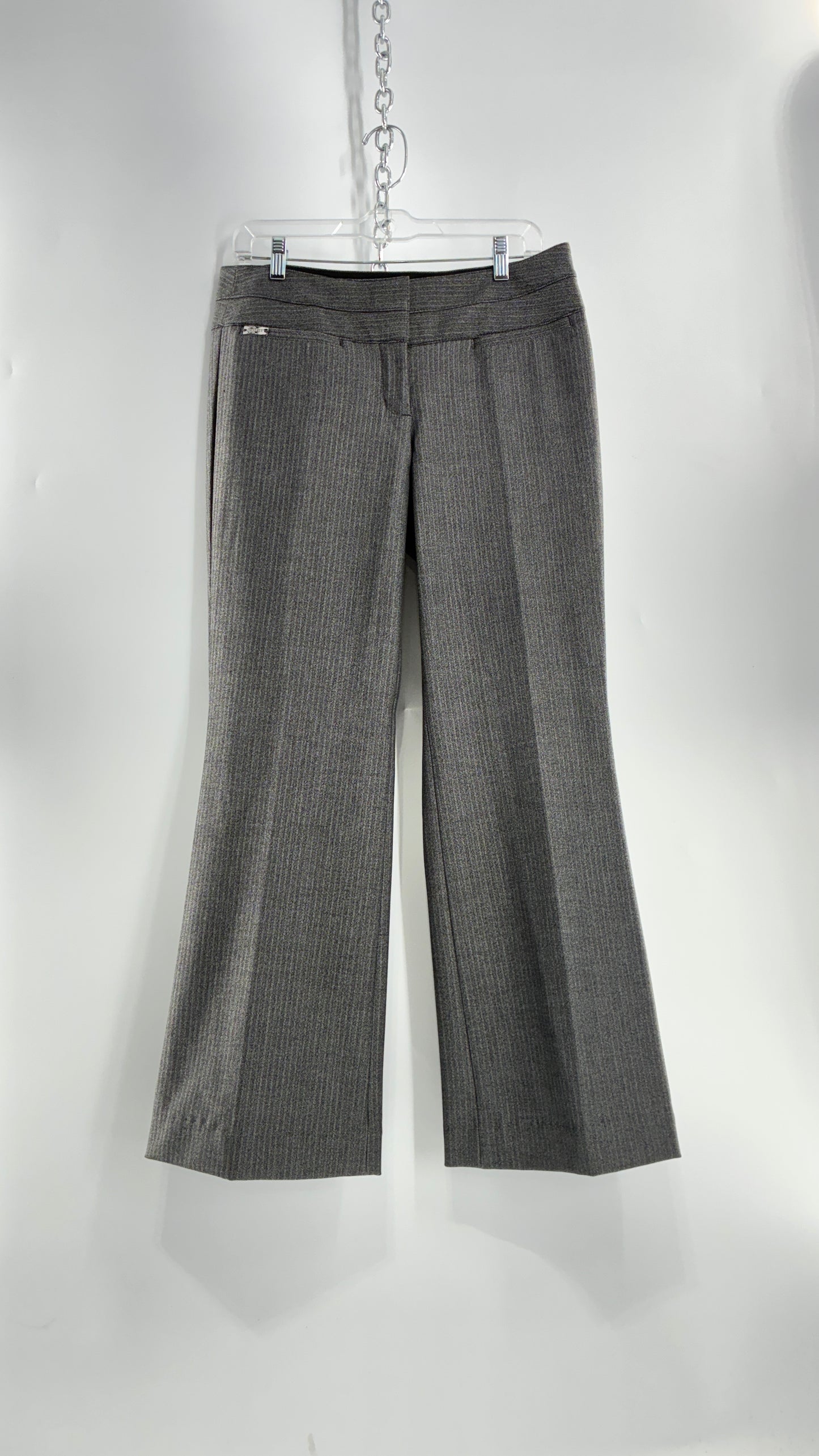 Vintage 1990s EXPRESS Editor Dark Grey Pinstripe Ultra Low Rise Thick Hip Band Kick Flares (6R)