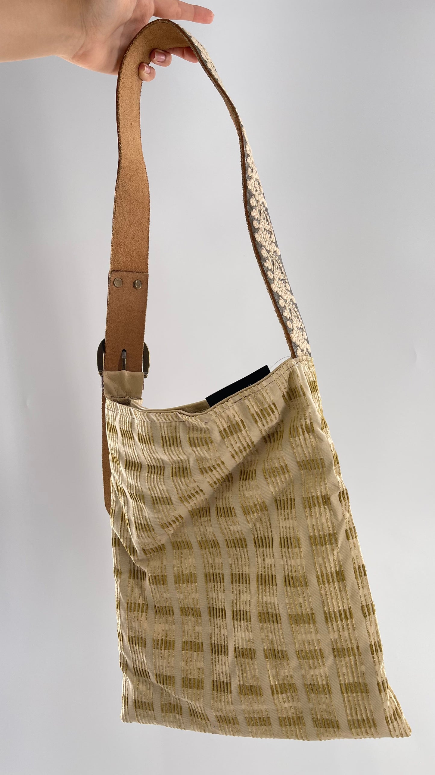 Tote with Embroidered Gold Exterior, Embroidered Leather Strap and Leather Interior - Shown Reversed