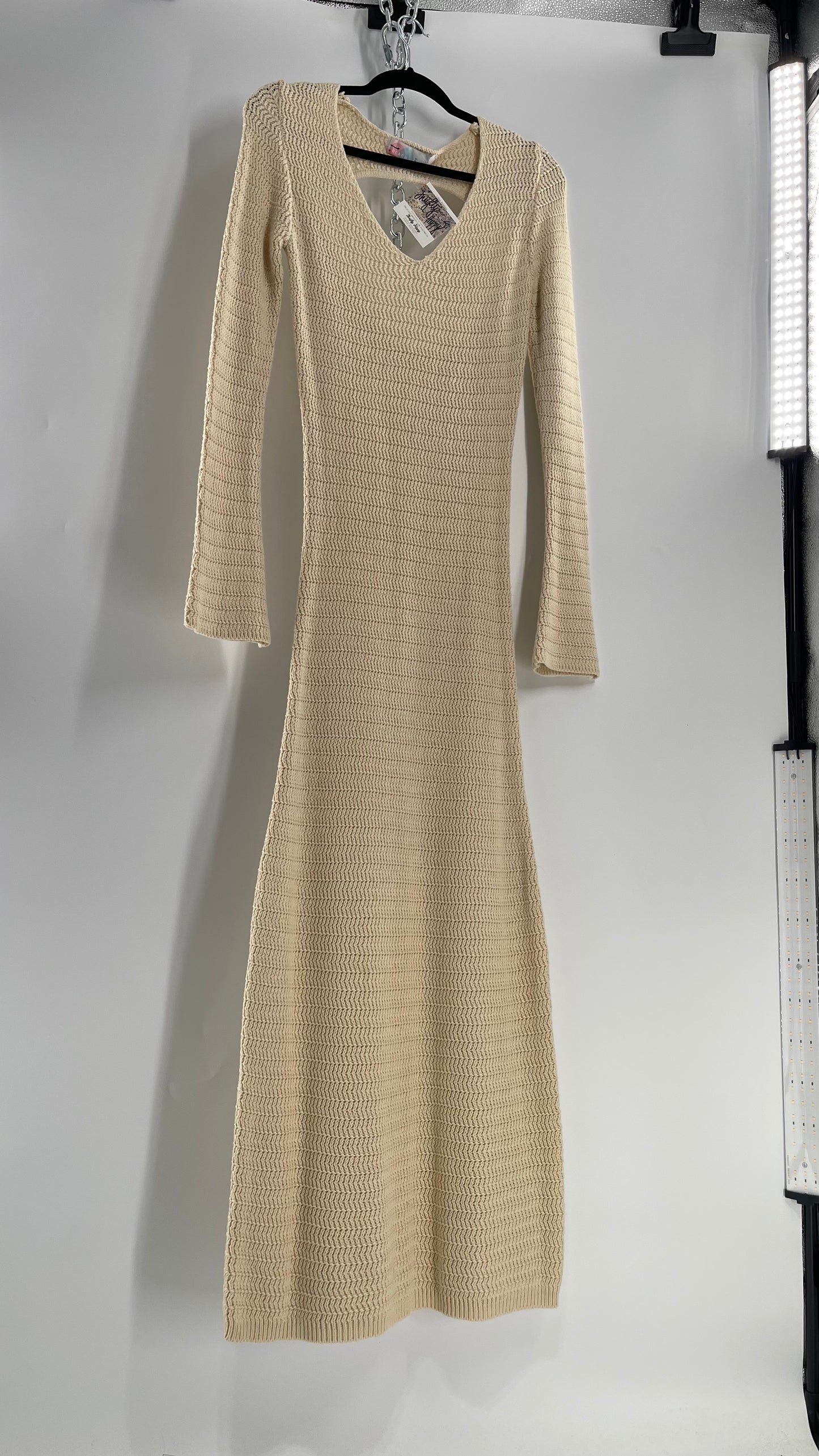 Free People Cozy Cream Knit Open Back Maxi Dress with Slight Bell Sleeve (Large)